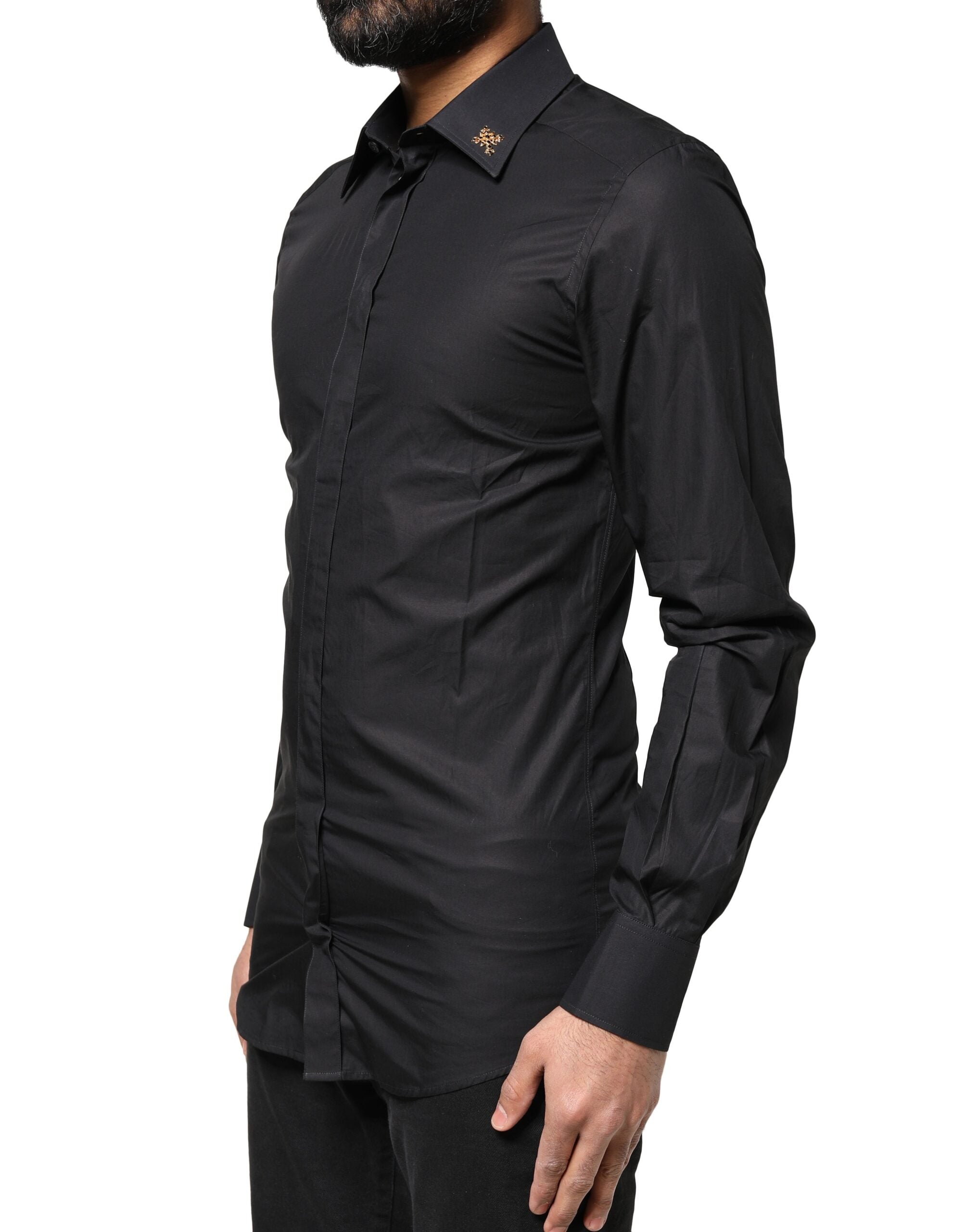 Dolce & Gabbana Schwarzes GOLD Kreuz verschönertes Herrenhemd