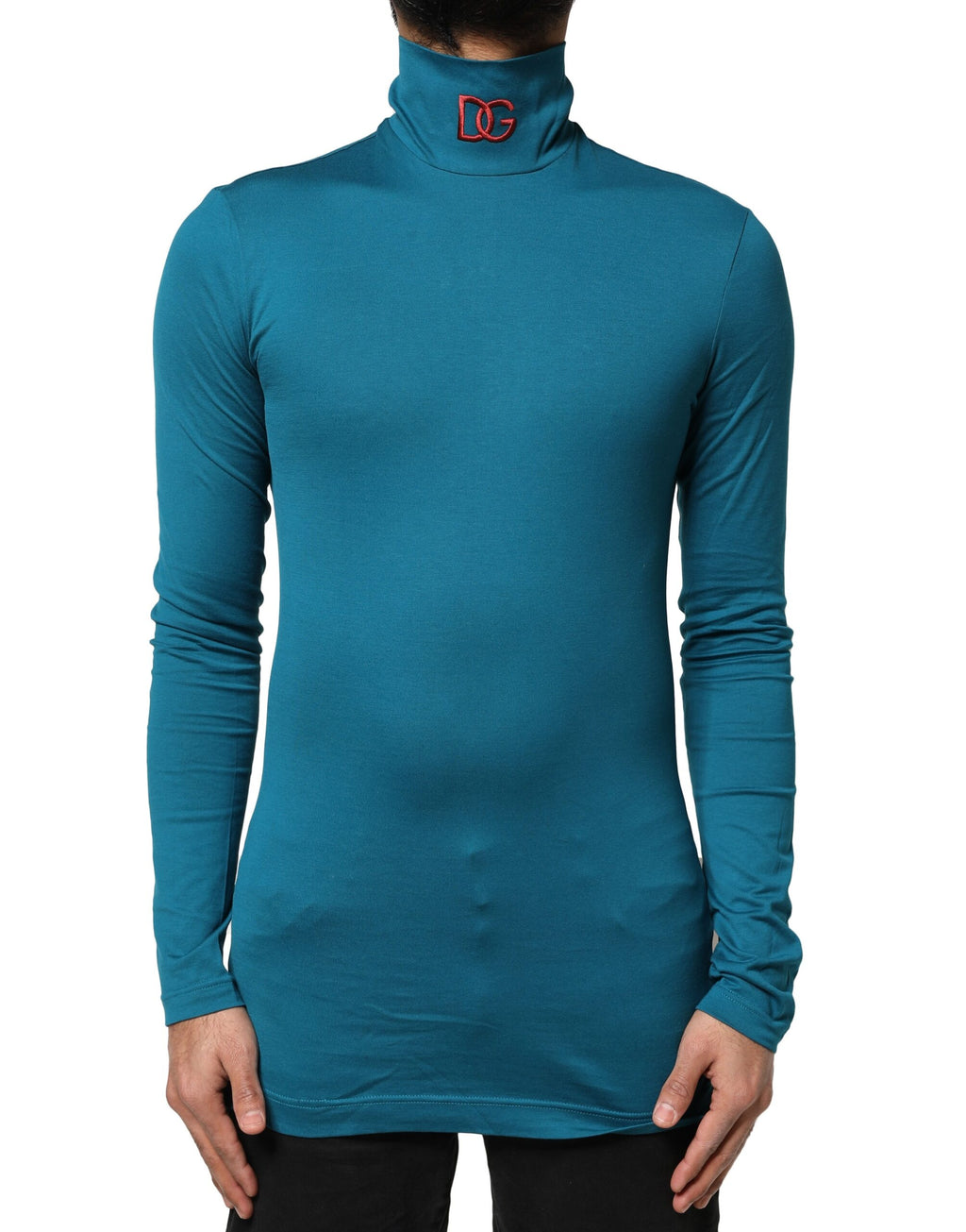 Dolce & Gabbana Blauer Baumwoll-Rollkragenpullover mit langen Ärmeln