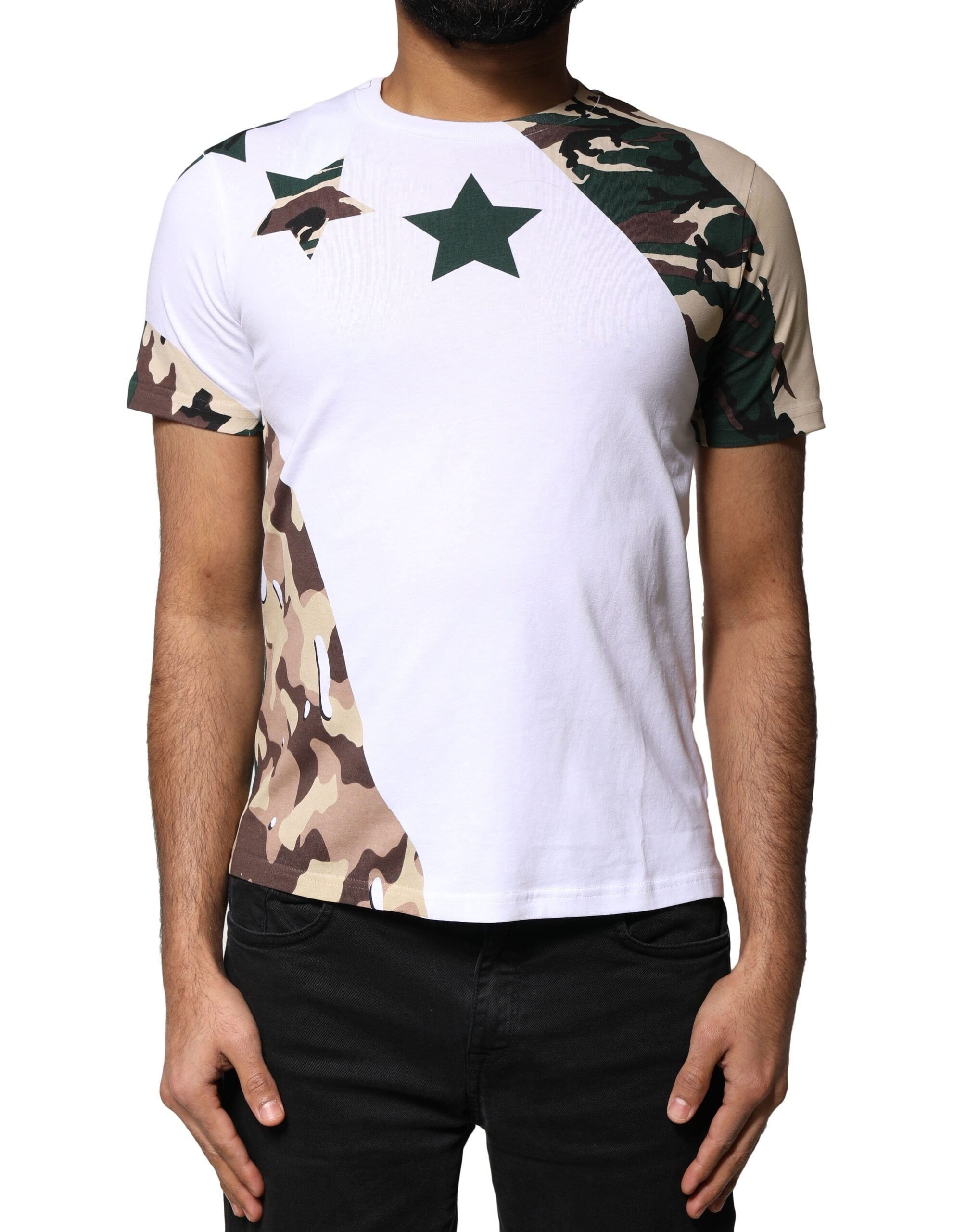 Dolce & Gabbana Weißes Camouflage Sterne T-Shirt mit Rundhalsausschnitt