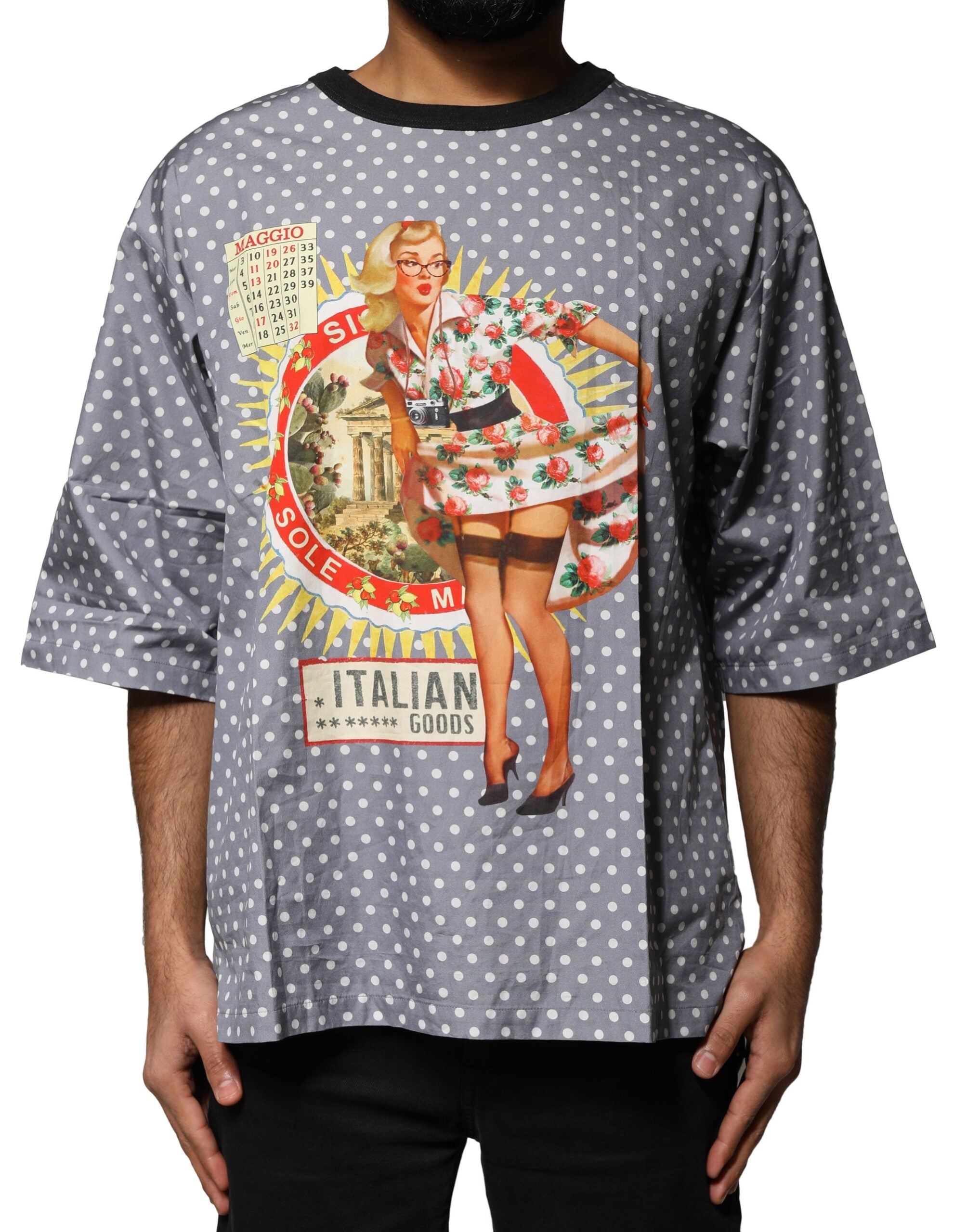 Dolce & Gabbana Graues Polka Dot Pin-Up Print T-Shirt mit Rundhalsausschnitt
