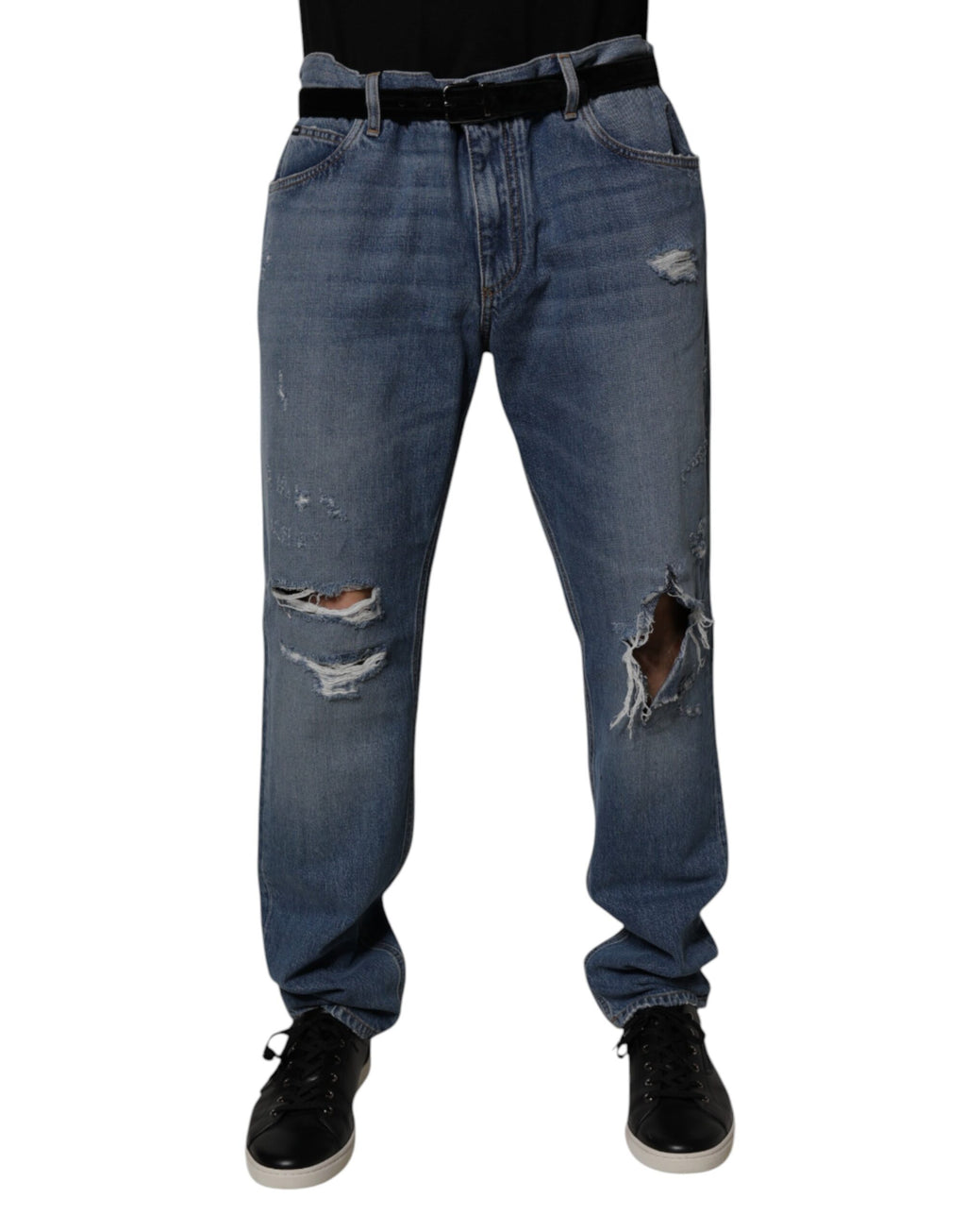 Dolce & Gabbana Blaue zerfledderte Straight Denim Jeans aus Baumwolle