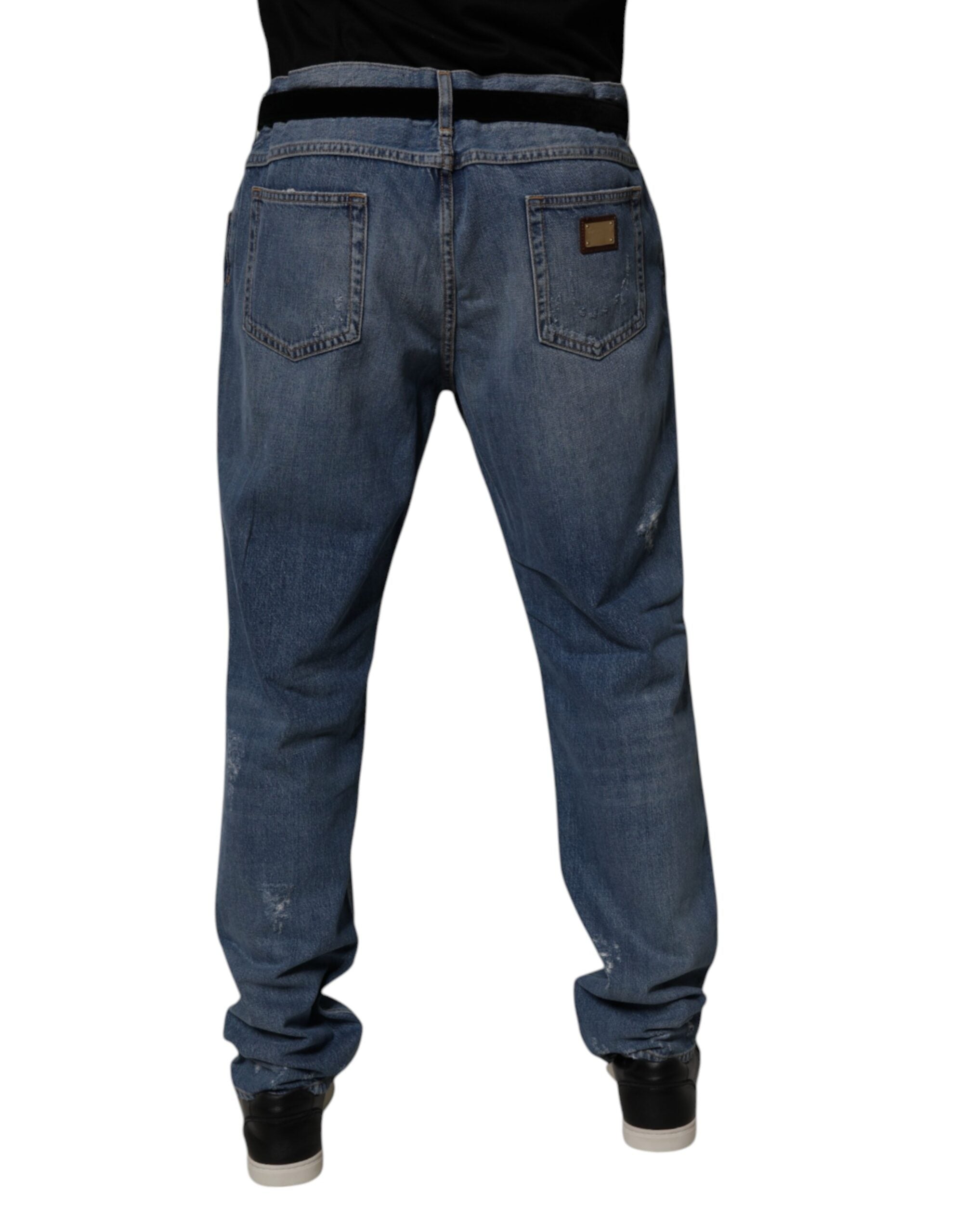 Dolce & Gabbana Blaue zerfledderte Straight Denim Jeans aus Baumwolle