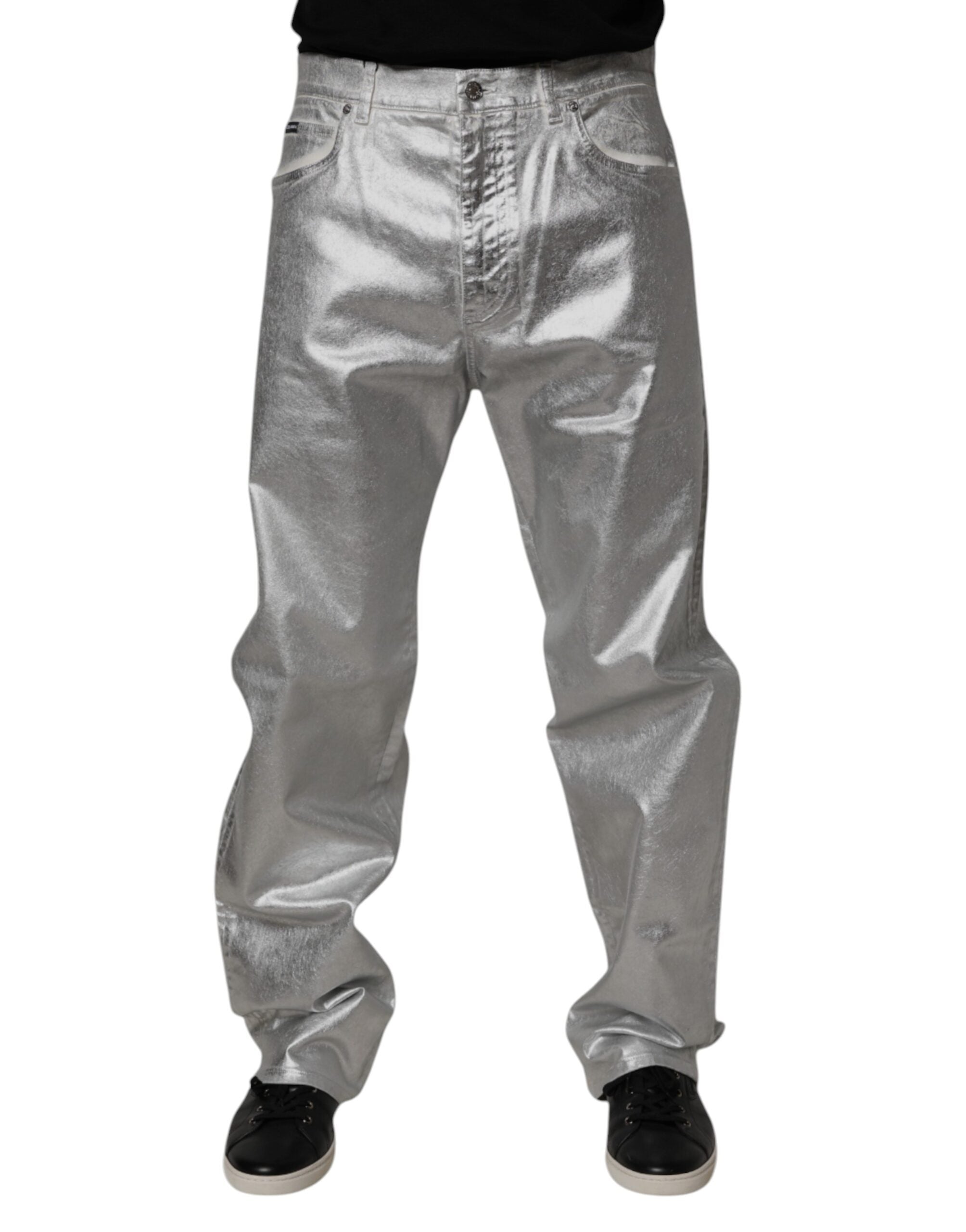 Dolce & Gabbana Metallic Silber Baumwolle Straight Denim Jeans