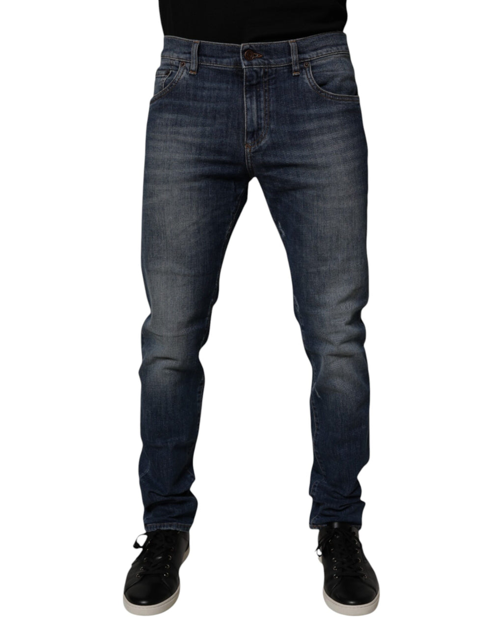 Dolce & Gabbana Dunkelblaue Baumwoll-Leder-Skinny-Denim-Jeans
