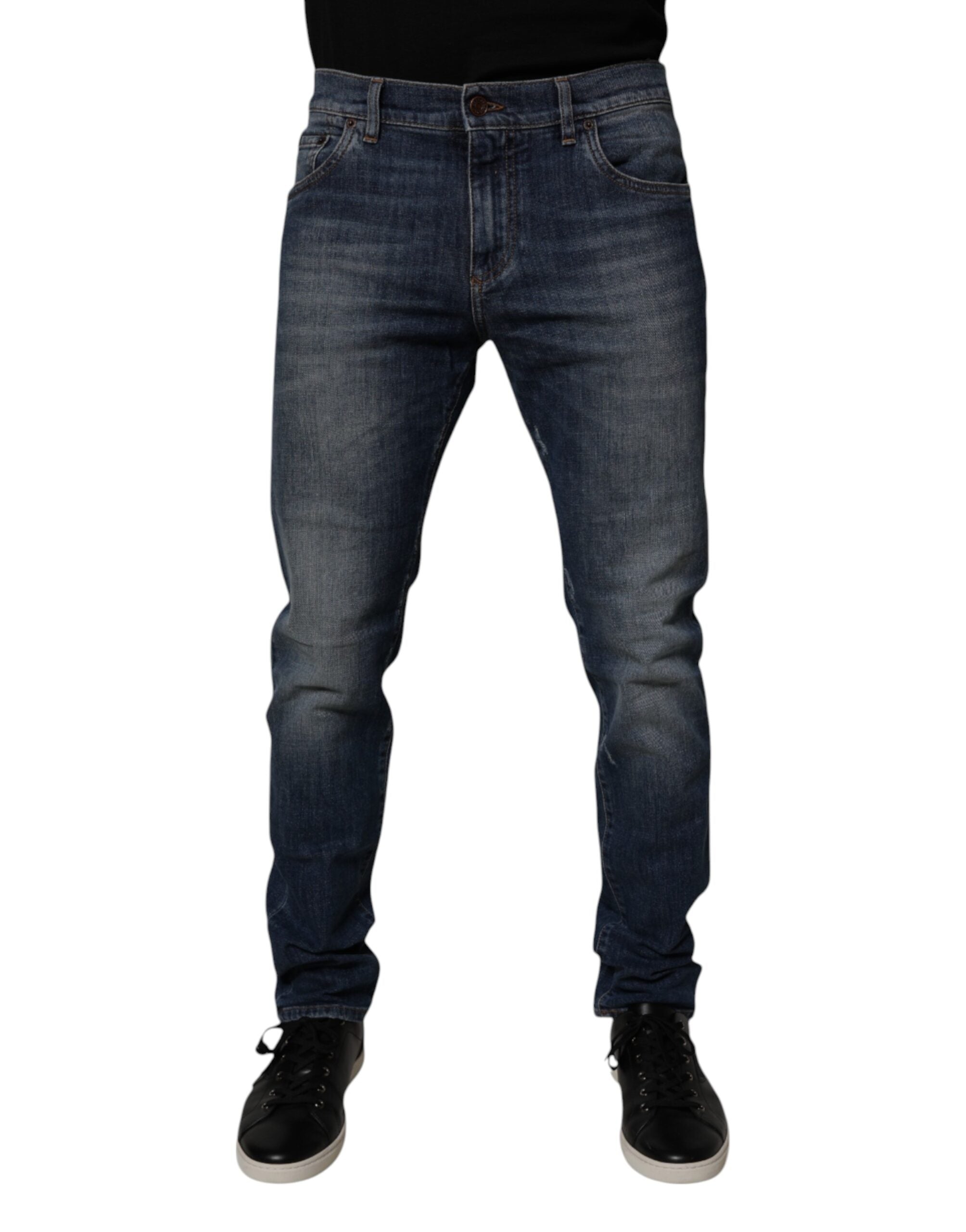 Dolce & Gabbana Dunkelblaue Baumwoll-Leder-Skinny-Denim-Jeans