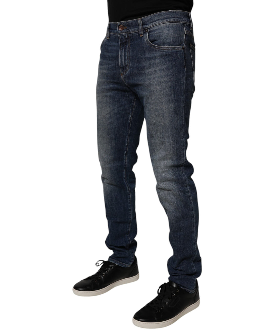 Dolce & Gabbana Dunkelblaue Baumwoll-Leder-Skinny-Denim-Jeans
