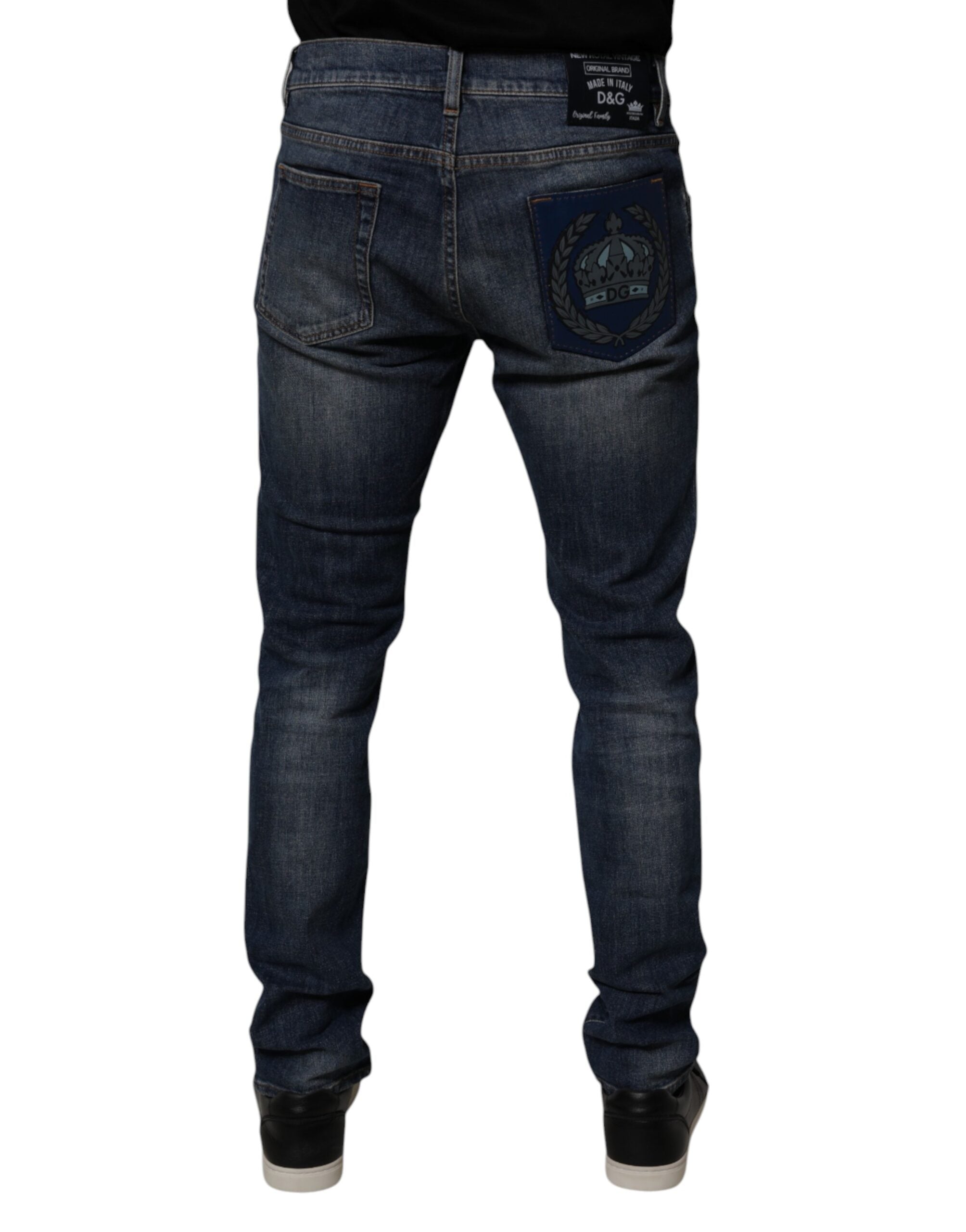 Dolce & Gabbana Dunkelblaue Baumwoll-Leder-Skinny-Denim-Jeans