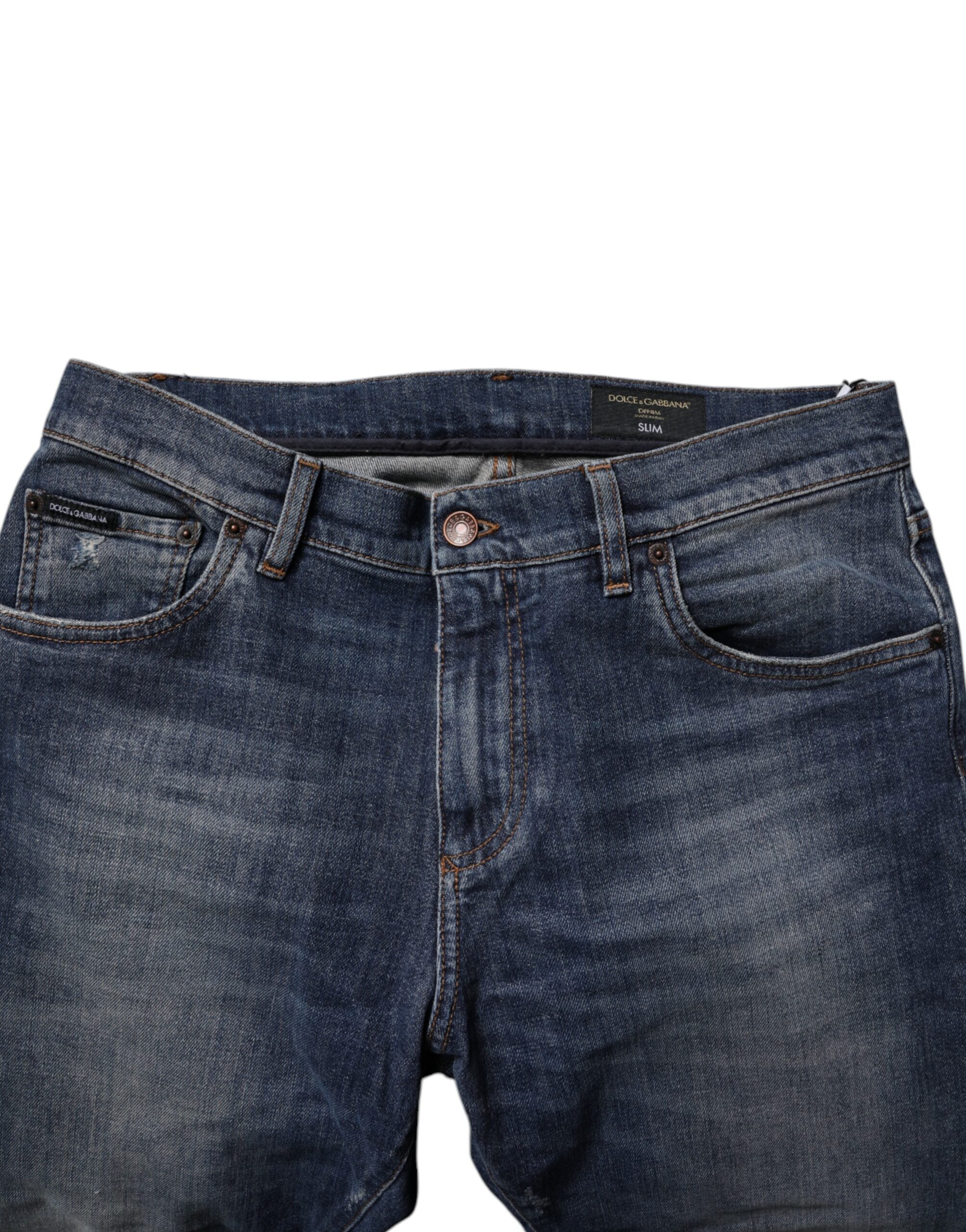 Dolce & Gabbana Dunkelblaue Baumwoll-Leder-Skinny-Denim-Jeans