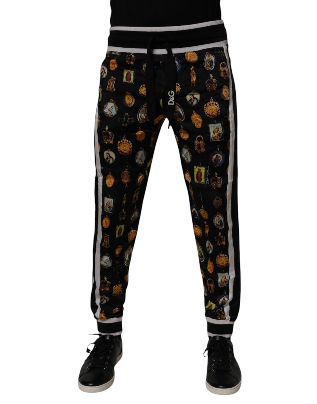 Dolce & Gabbana Schwarzer religiöser Druck Seide Männer Jogger Hose