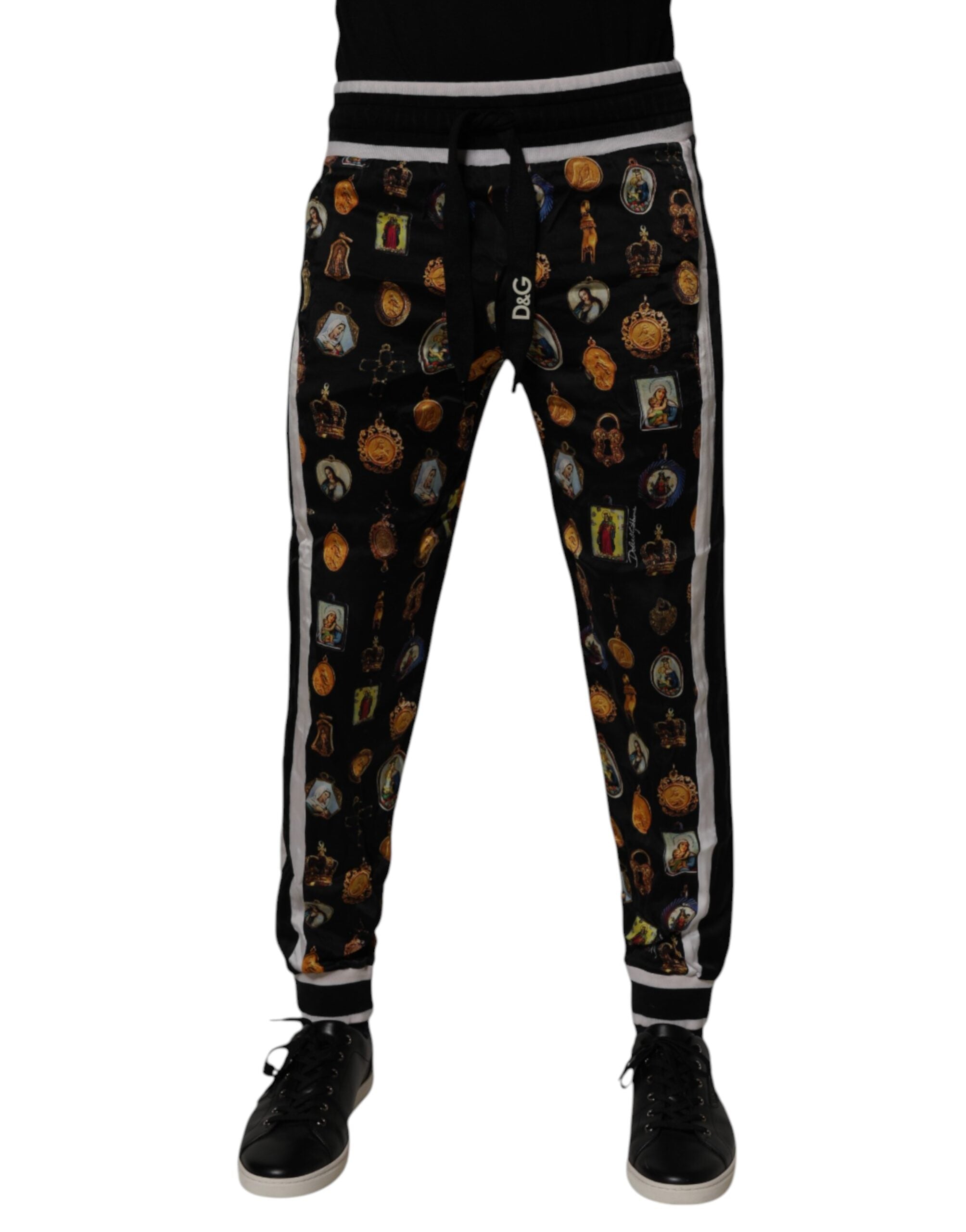 Dolce & Gabbana Schwarzer religiöser Druck Seide Männer Jogger Hose