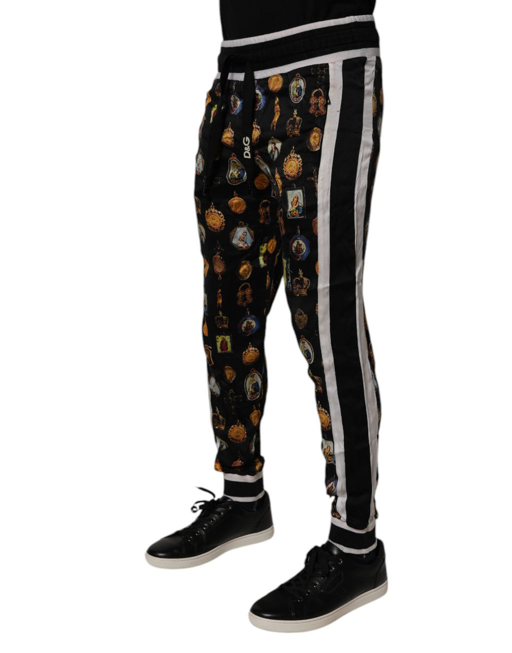 Dolce & Gabbana Schwarzer religiöser Druck Seide Männer Jogger Hose