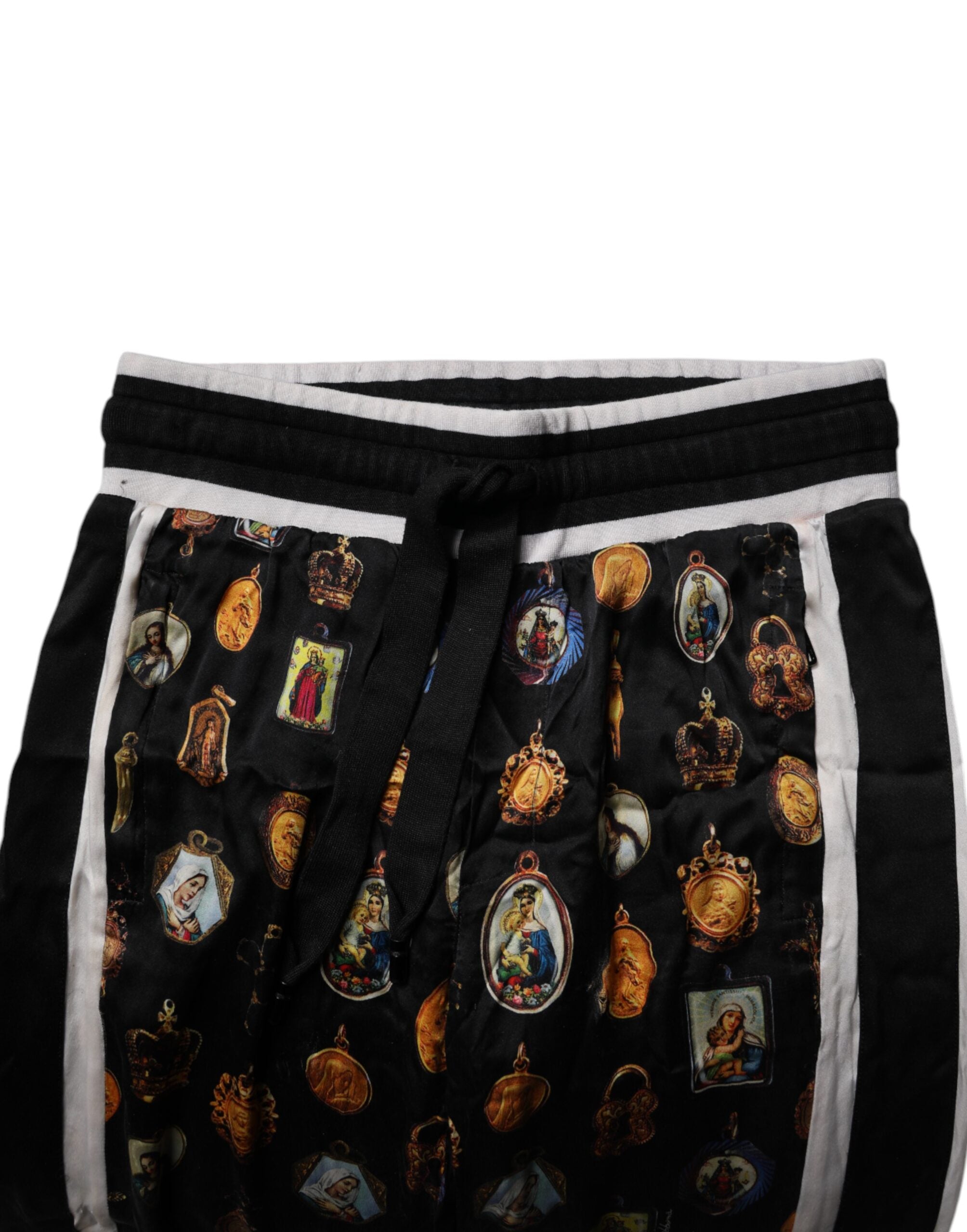 Dolce & Gabbana Schwarzer religiöser Druck Seide Männer Jogger Hose