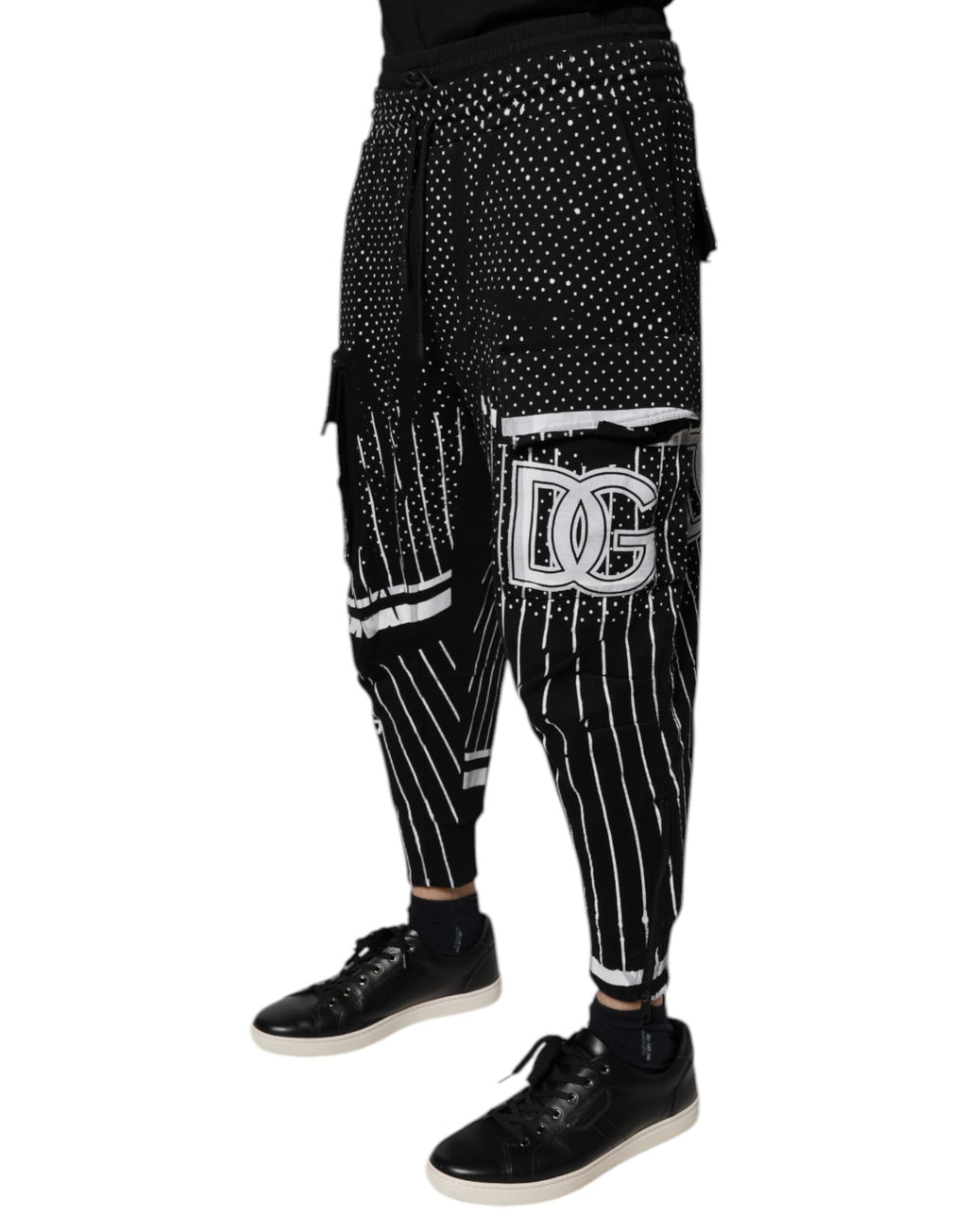 Dolce & Gabbana Schwarze Polka Dot Streifen Cargo Jogger Sweatpants Hose