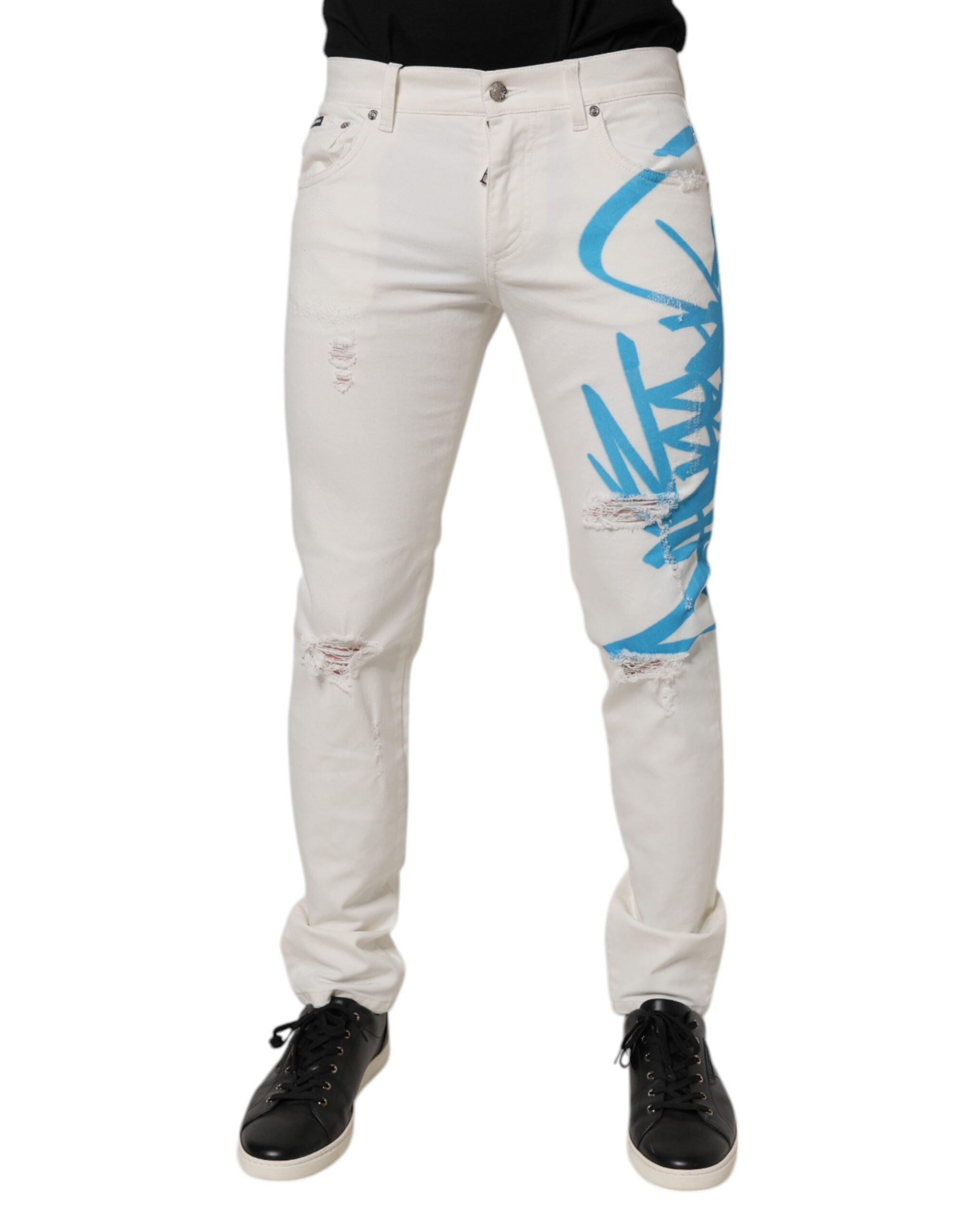 Dolce & Gabbana Weiße zerfledderte Graffiti-Skinny-Denim-Jeans
