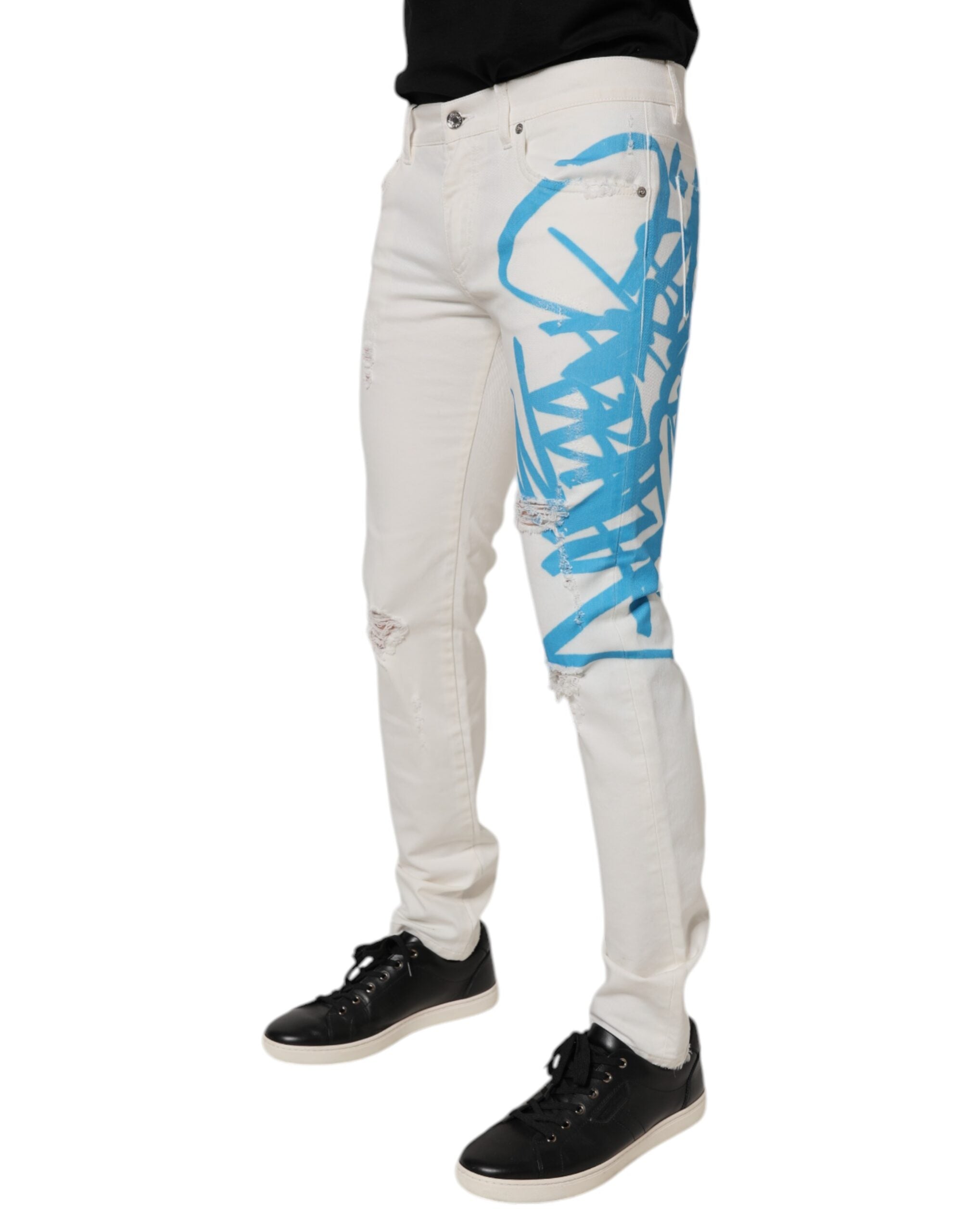 Dolce & Gabbana Weiße zerfledderte Graffiti-Skinny-Denim-Jeans