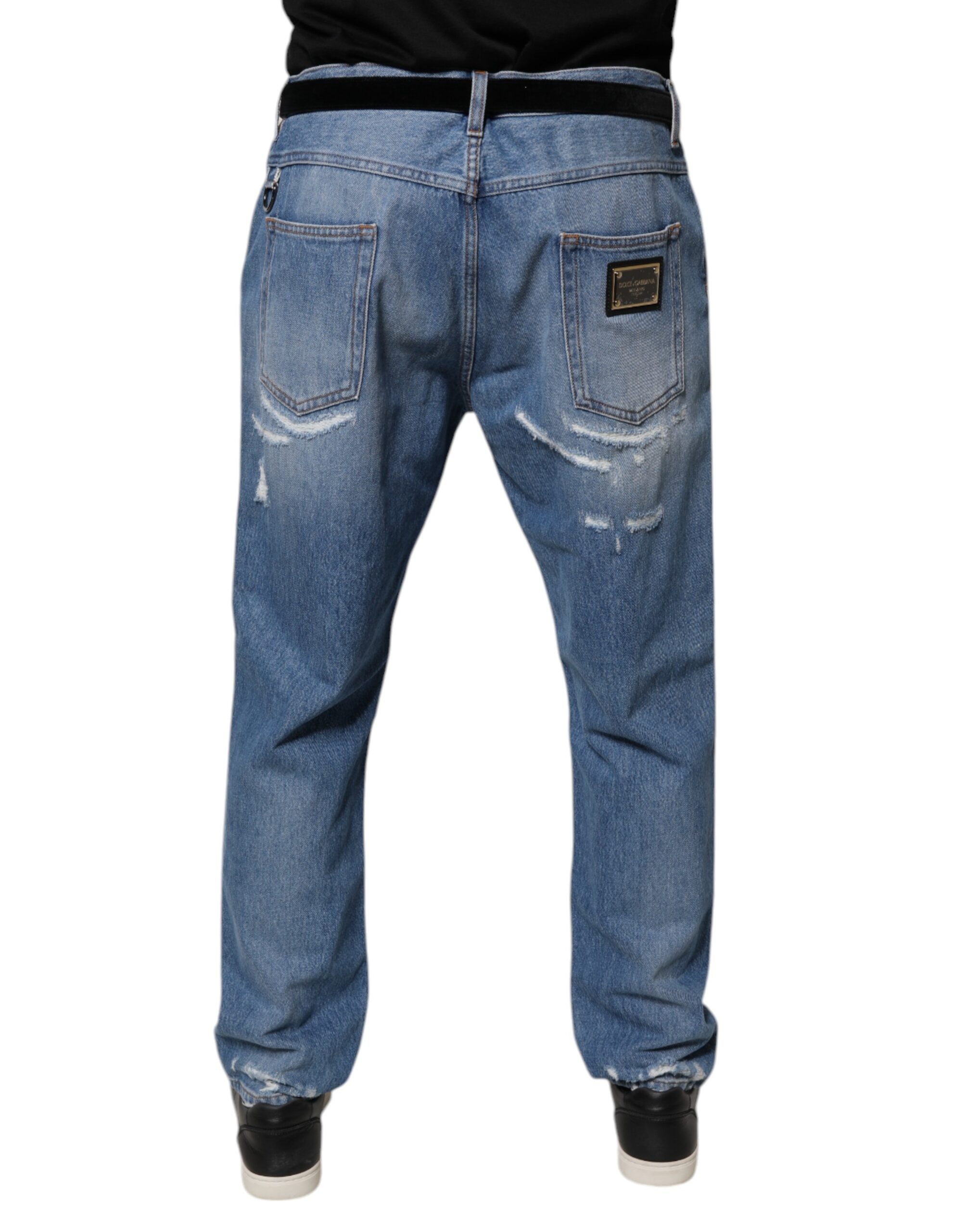 Dolce & Gabbana Blaue zerfledderte Straight Cotton Denim Jeans