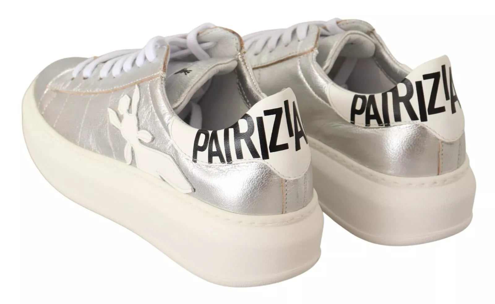 Patrizia Pepe Silberne Vollnarbenleder Schnürsneakers Schuhe