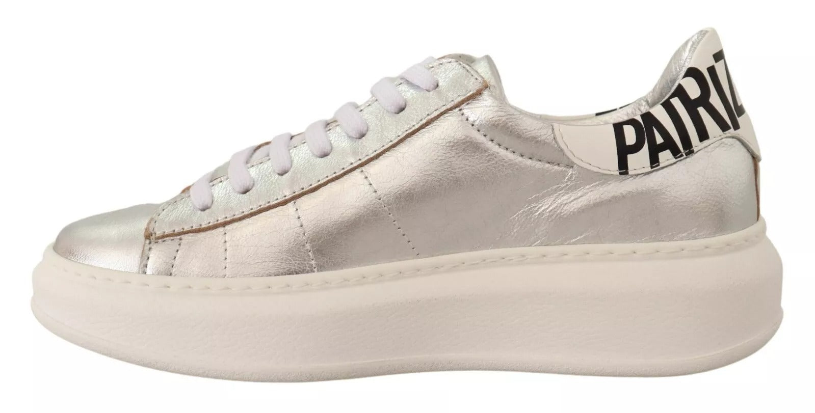 Patrizia Pepe Silberne Vollnarbenleder Schnürsneakers Schuhe