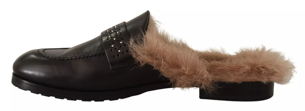 Peserico Schwarzes Leder Pelz Perforiert Slip On Flats Schuhe