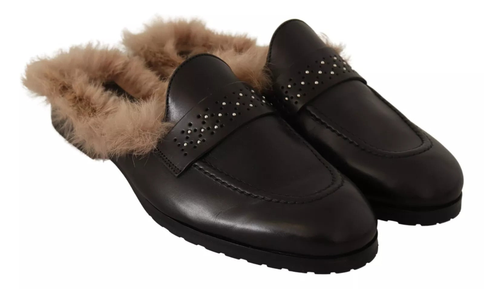 Peserico Schwarzes Leder Pelz Perforiert Slip On Flats Schuhe