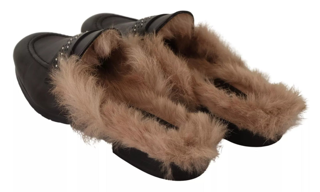 Peserico Schwarzes Leder Pelz Perforiert Slip On Flats Schuhe