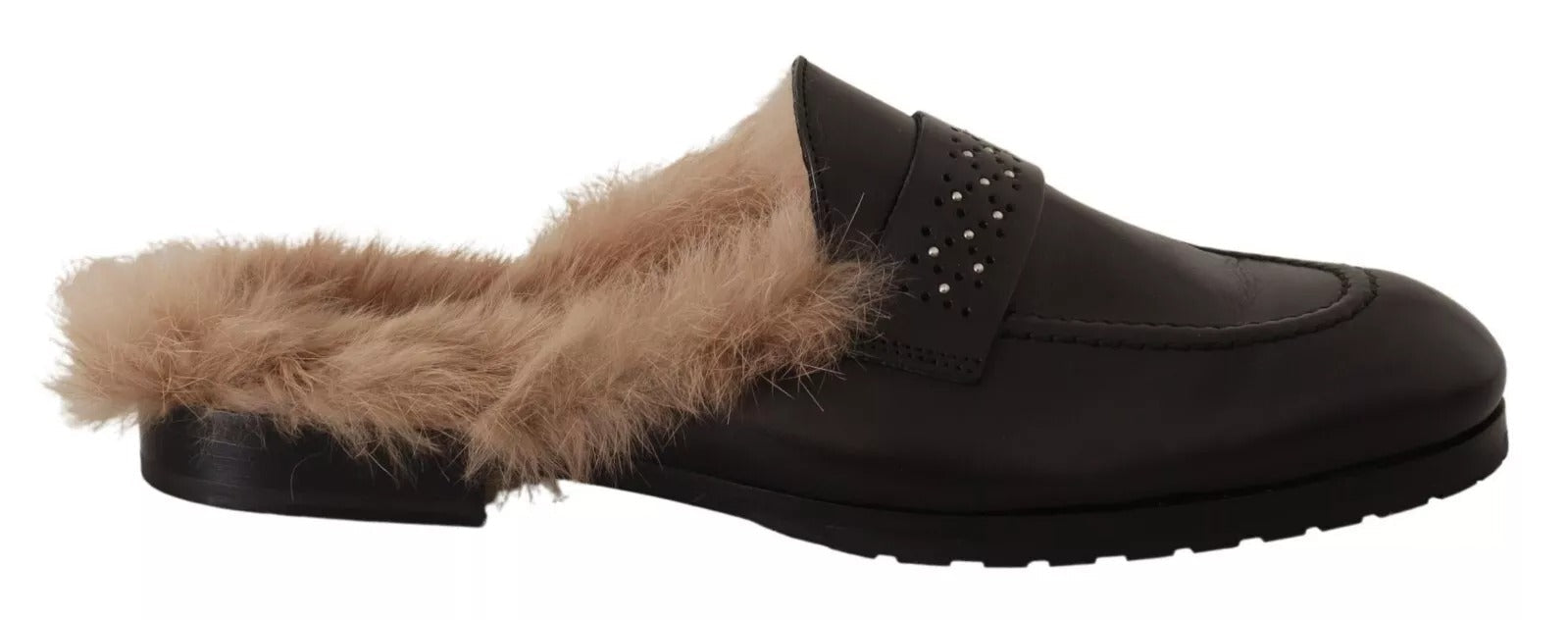 Peserico Schwarzes Leder Pelz Perforiert Slip On Flats Schuhe