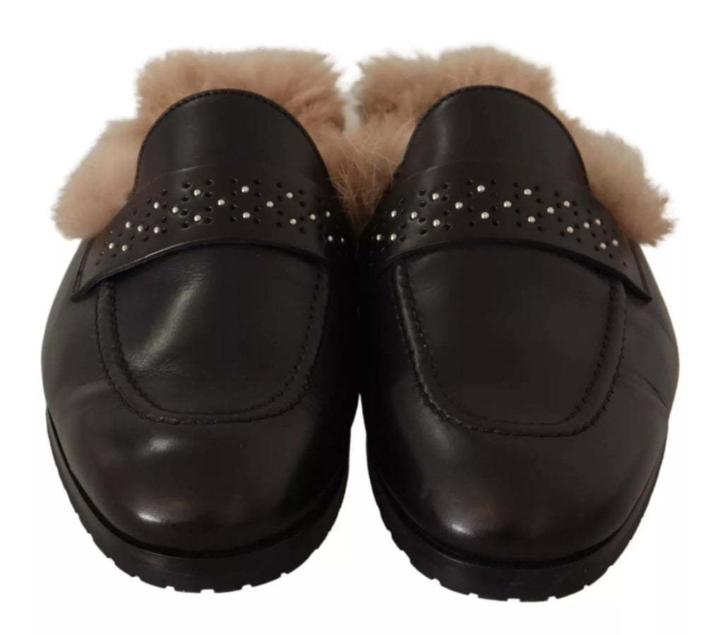 Peserico Schwarzes Leder Pelz Perforiert Slip On Flats Schuhe