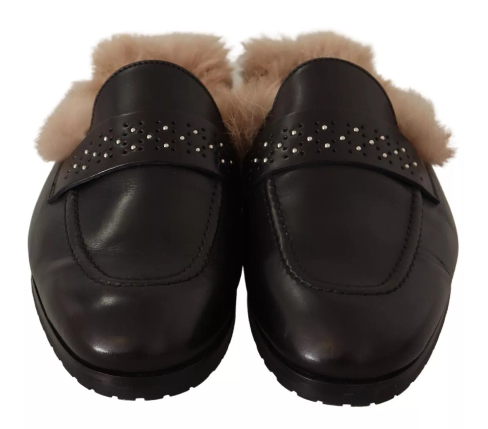 Peserico Schwarzes Leder Pelz Perforiert Slip On Flats Schuhe