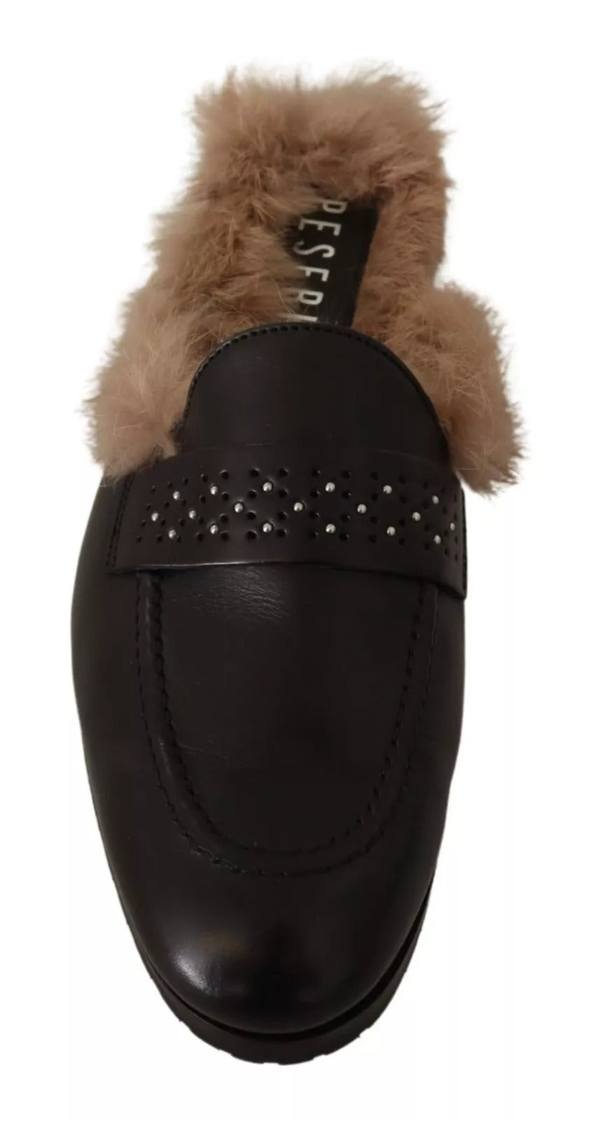 Peserico Schwarzes Leder Pelz Perforiert Slip On Flats Schuhe