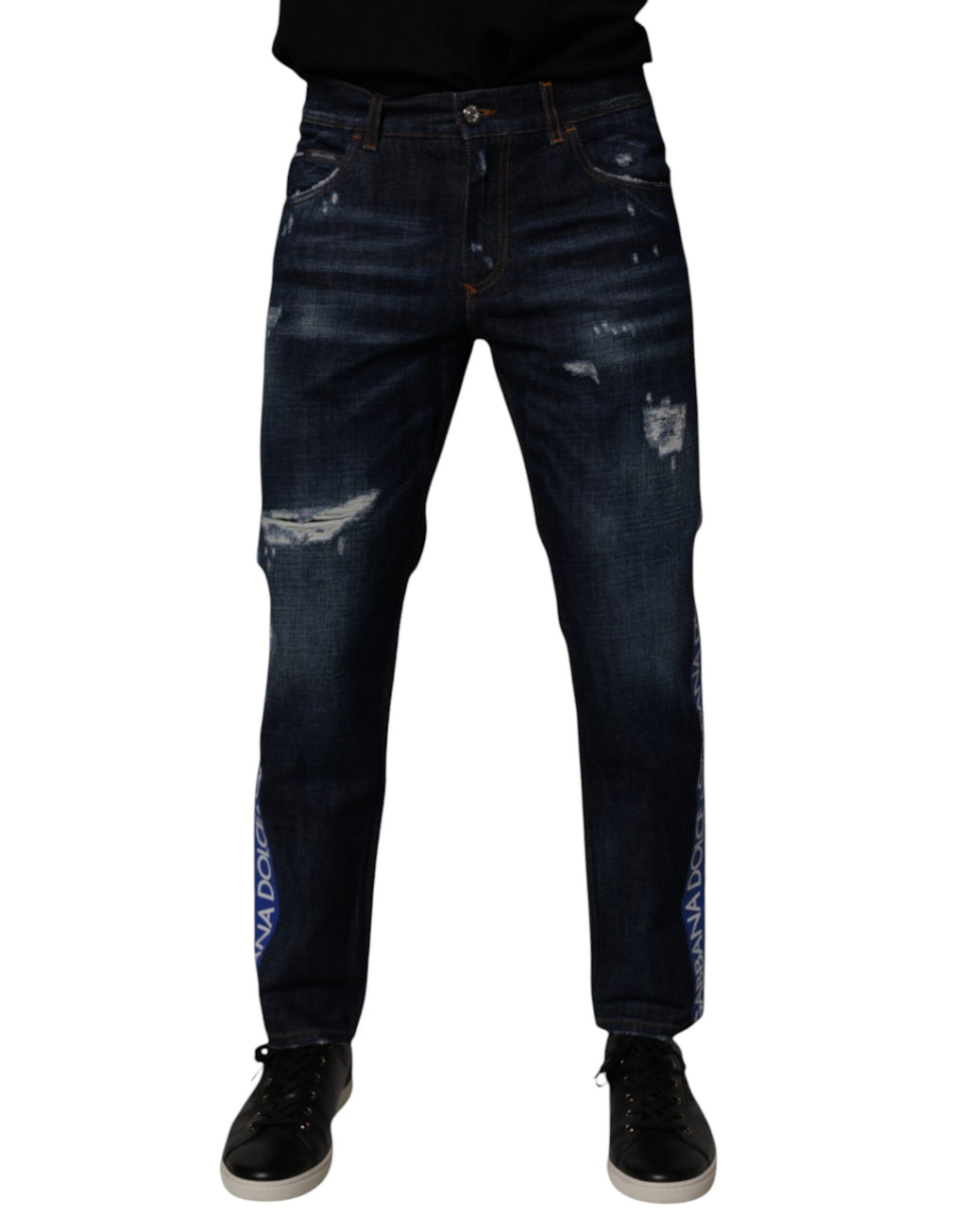 Dolce & Gabbana Dunkelblaue zerfledderte Skinny Denim Jeans aus Baumwolle