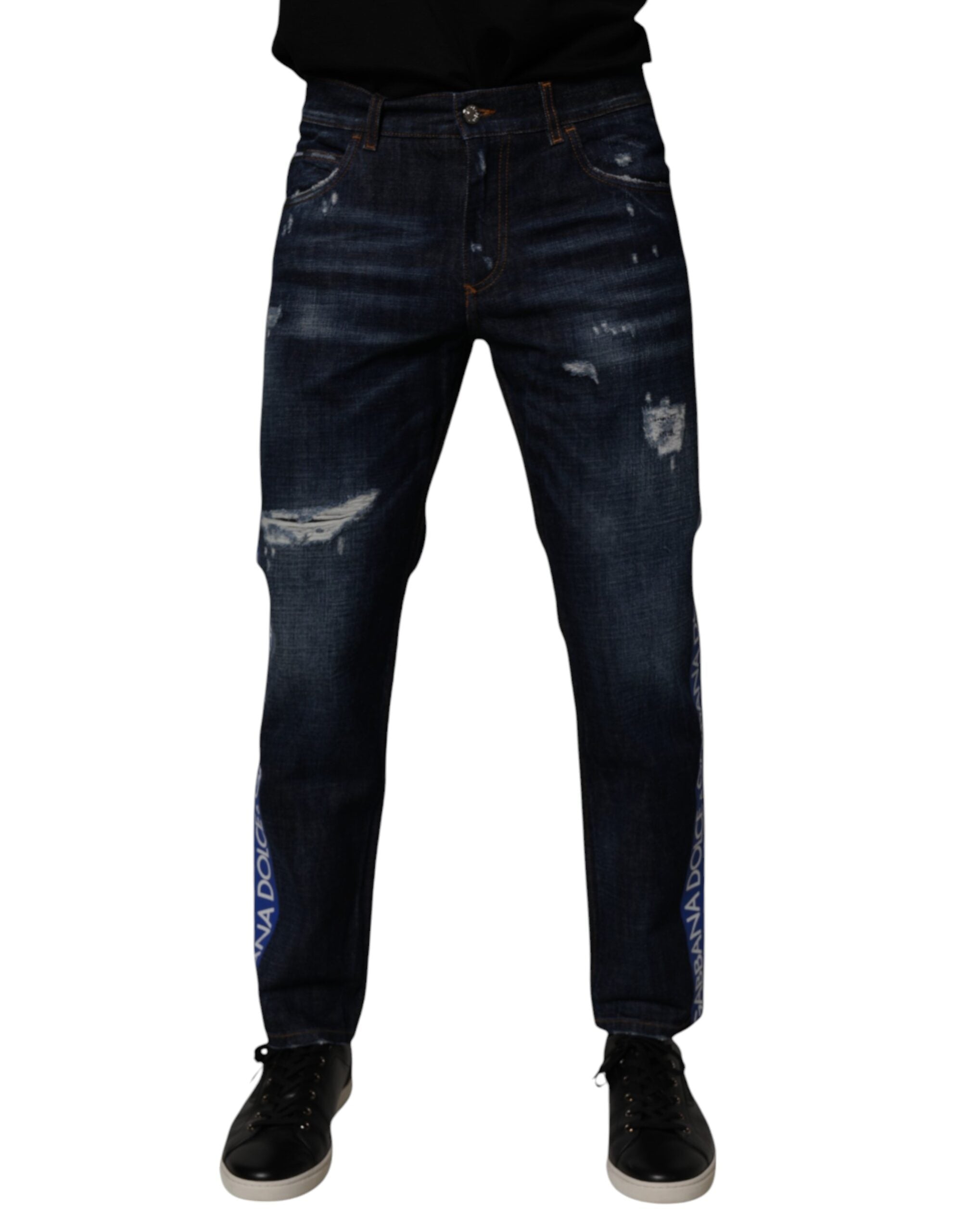 Dolce & Gabbana Dunkelblaue zerfledderte Skinny Denim Jeans aus Baumwolle