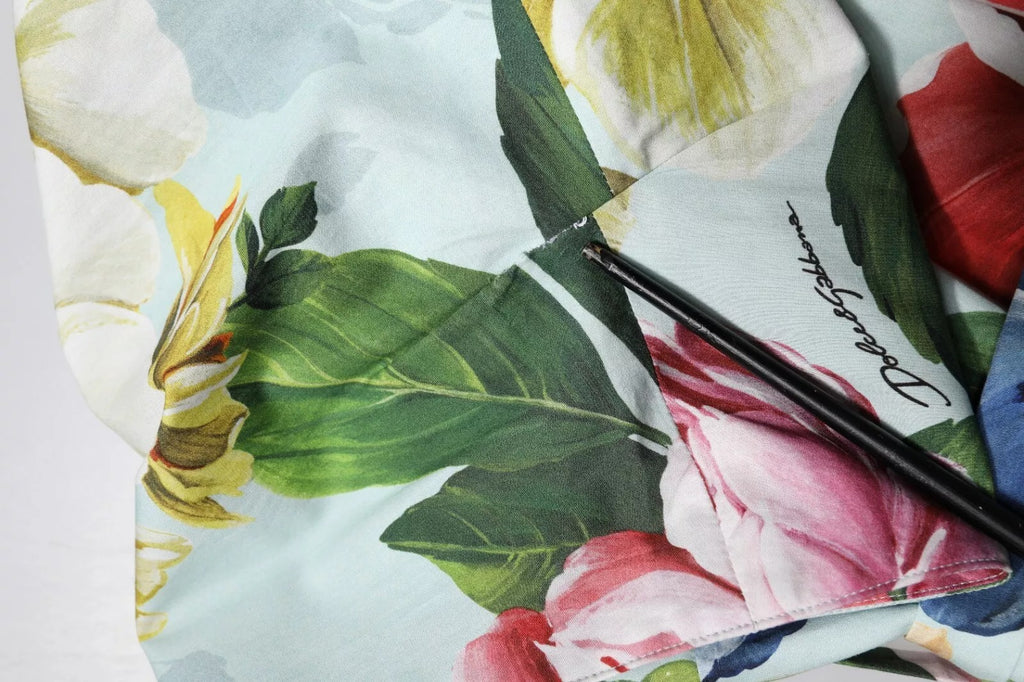 Dolce & Gabbana Grünes geblümtes Baumwollkleid mit kurzen Ärmeln und V-Ausschnitt