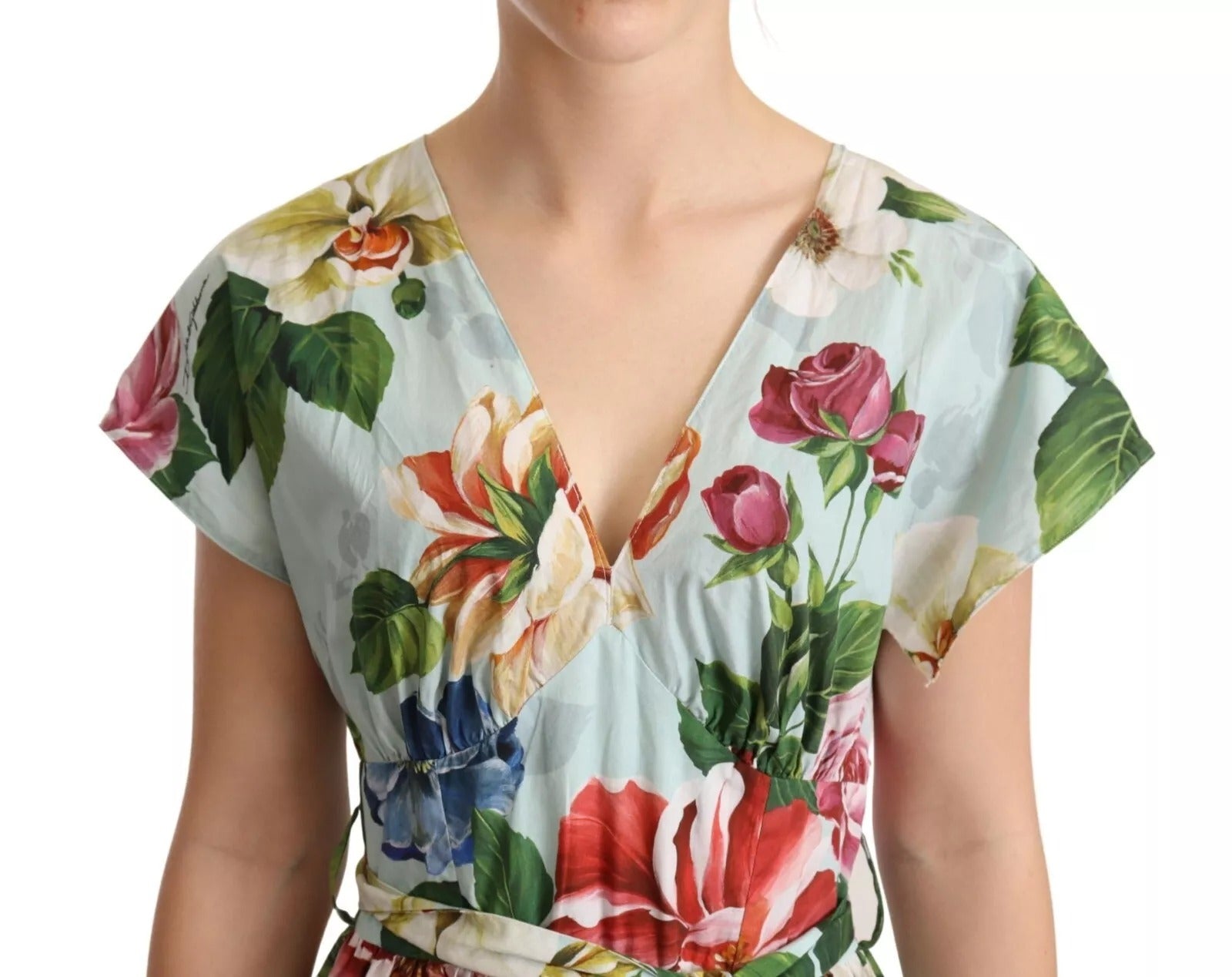 Dolce & Gabbana Grünes geblümtes Baumwollkleid mit kurzen Ärmeln und V-Ausschnitt