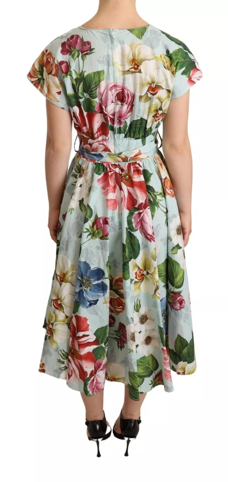 Dolce & Gabbana Grünes geblümtes Baumwollkleid mit kurzen Ärmeln und V-Ausschnitt