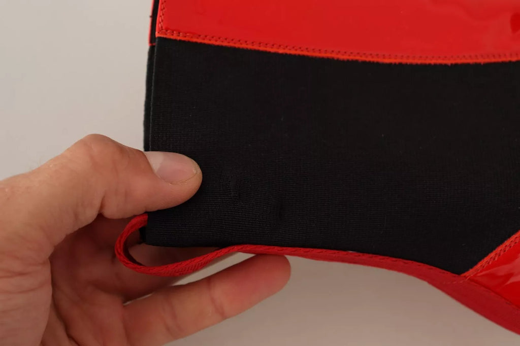 GCDS Rotes Leder Schwarzer Stoff Logo Absatz Stiefelette Schuhe