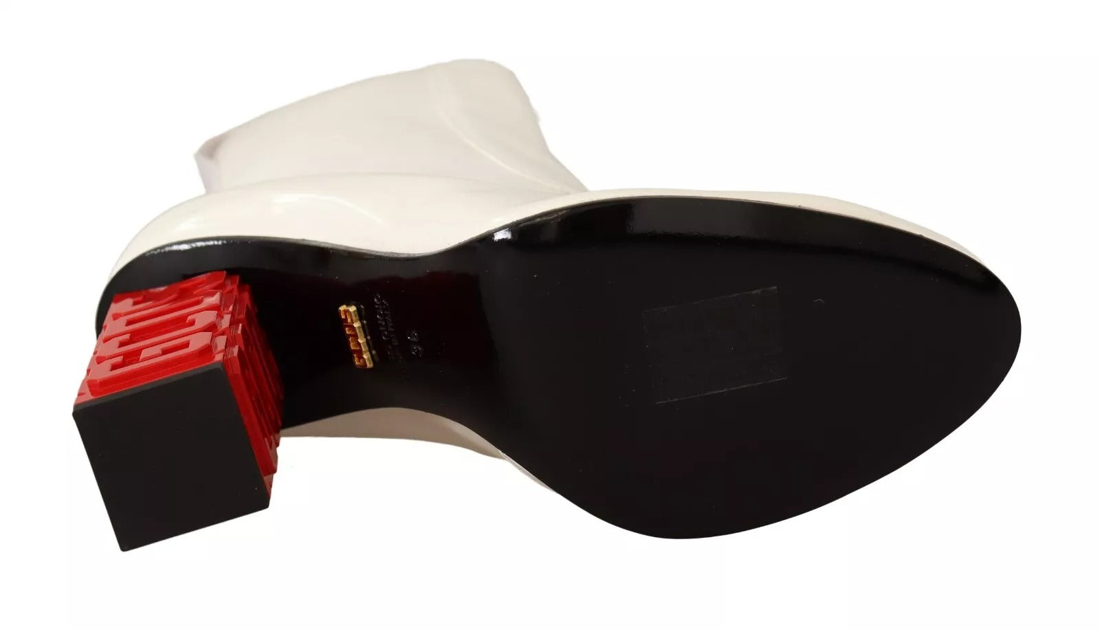 GCDS Weißes Leder Stoff Rot Logo Absatz Stiefeletten Schuhe