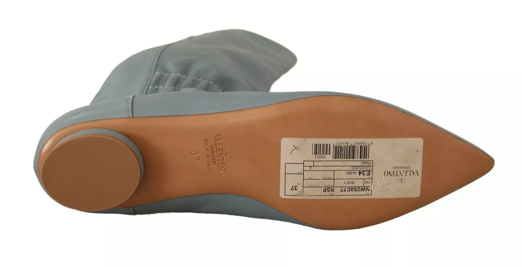 Valentino Blaues Leder Elastische Flats Pull On Kniehohe Stiefel Schuhe