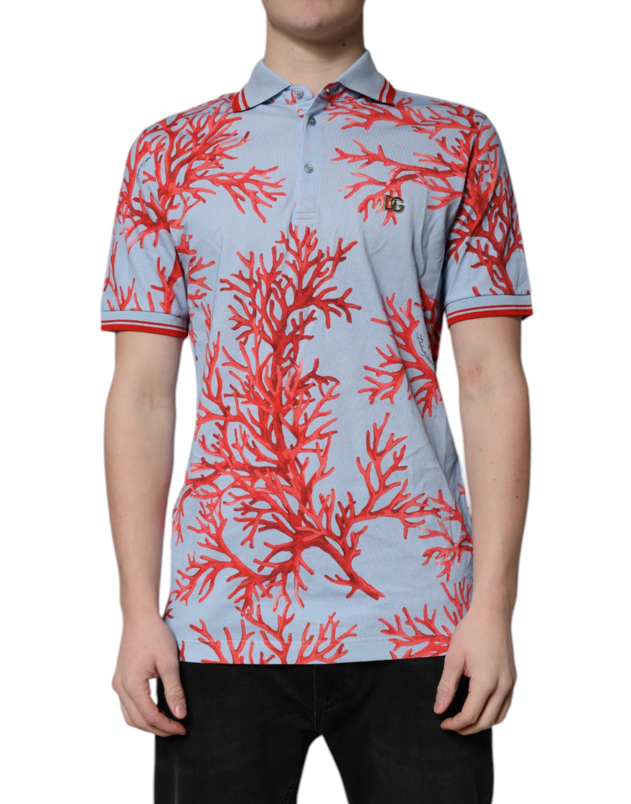 Dolce & Gabbana Hellblaues Korallen-Baumwoll-Poloshirt T-shirt