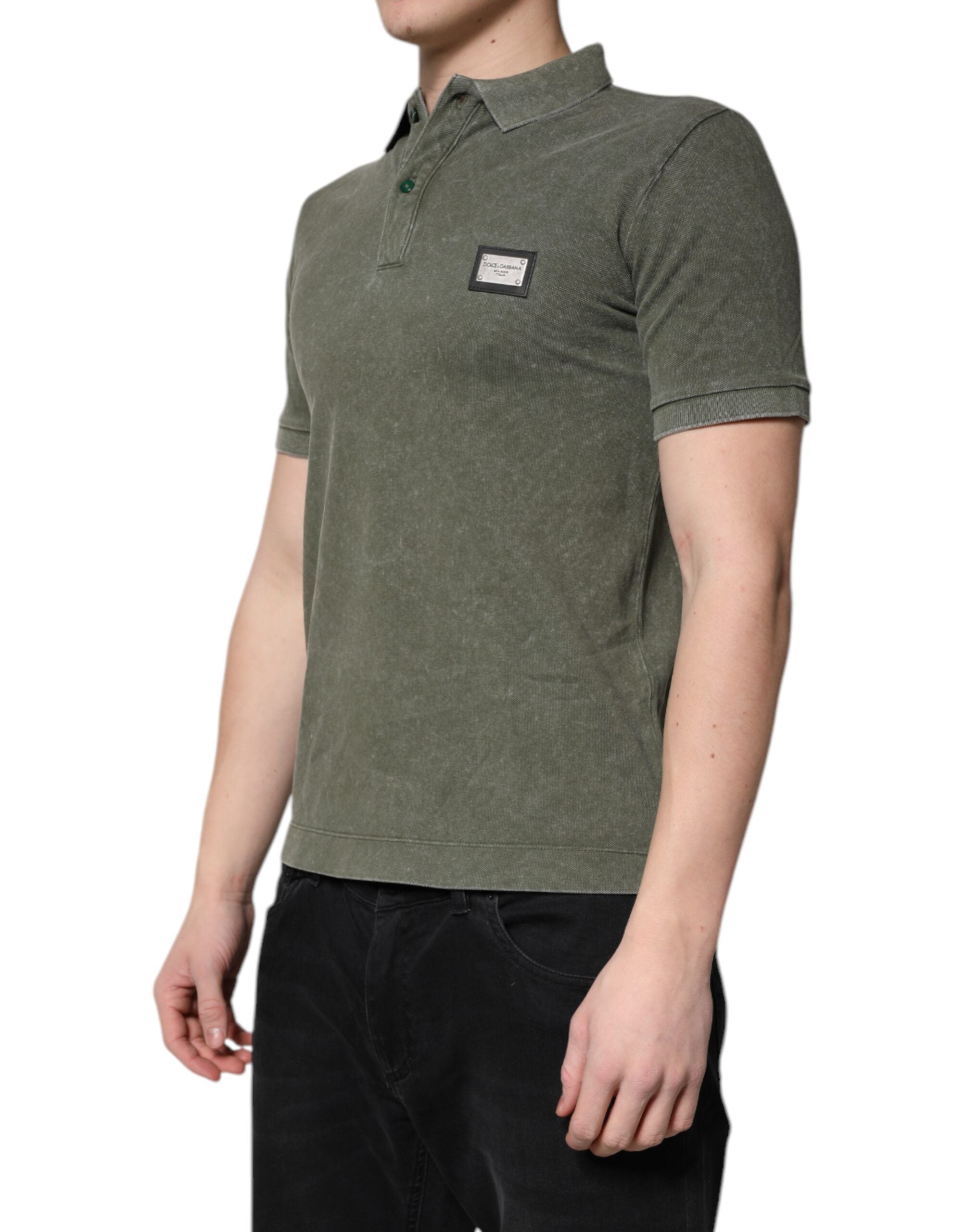 Dolce & Gabbana Armeegrünes Logo-Plakette Baumwoll-Poloshirt T-shirt