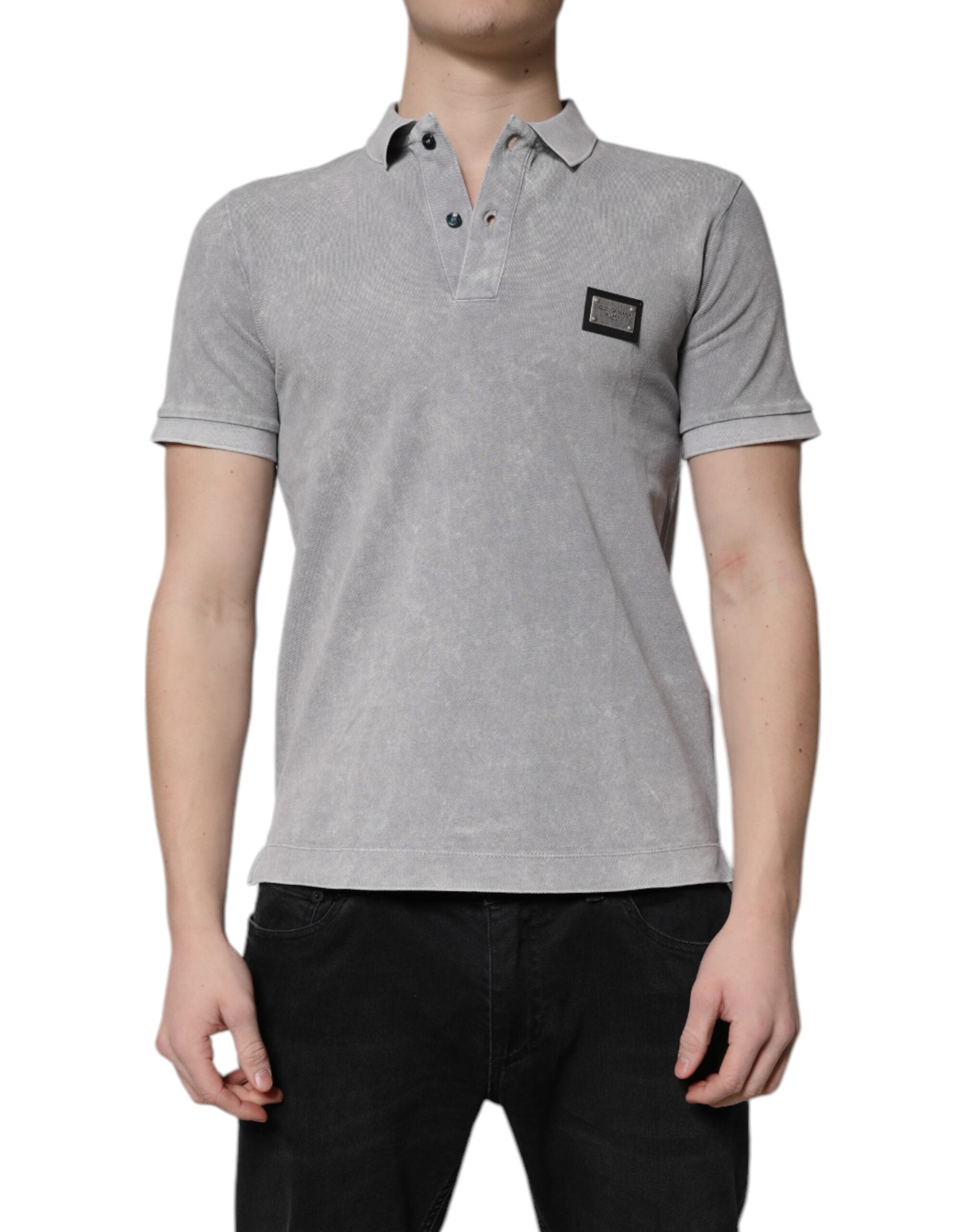 Dolce & Gabbana Graues Logo Plaque Baumwolle Männer Polo Shirt T-Shirt