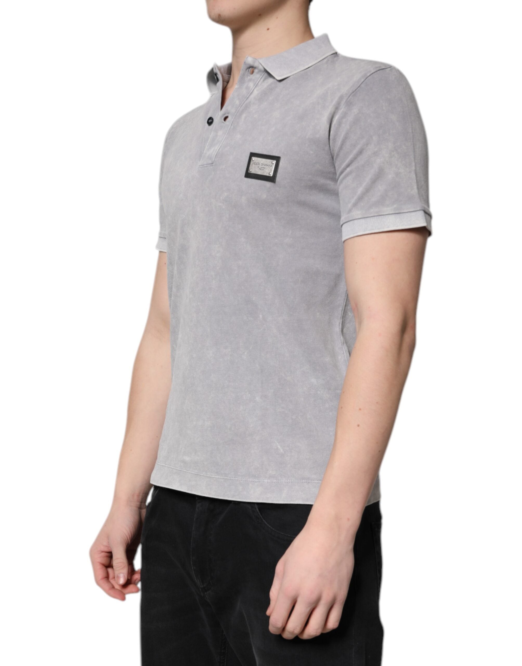 Dolce & Gabbana Graues Logo Plaque Baumwolle Männer Polo Shirt T-Shirt