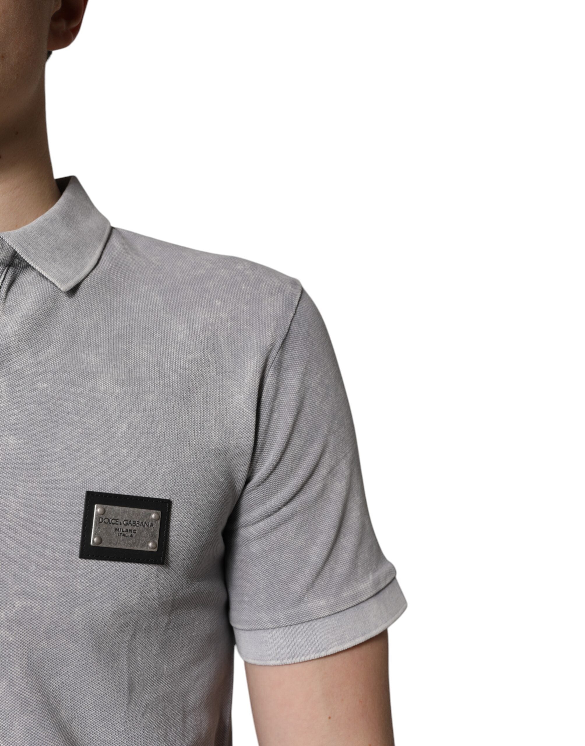 Dolce & Gabbana Graues Logo Plaque Baumwolle Männer Polo Shirt T-Shirt