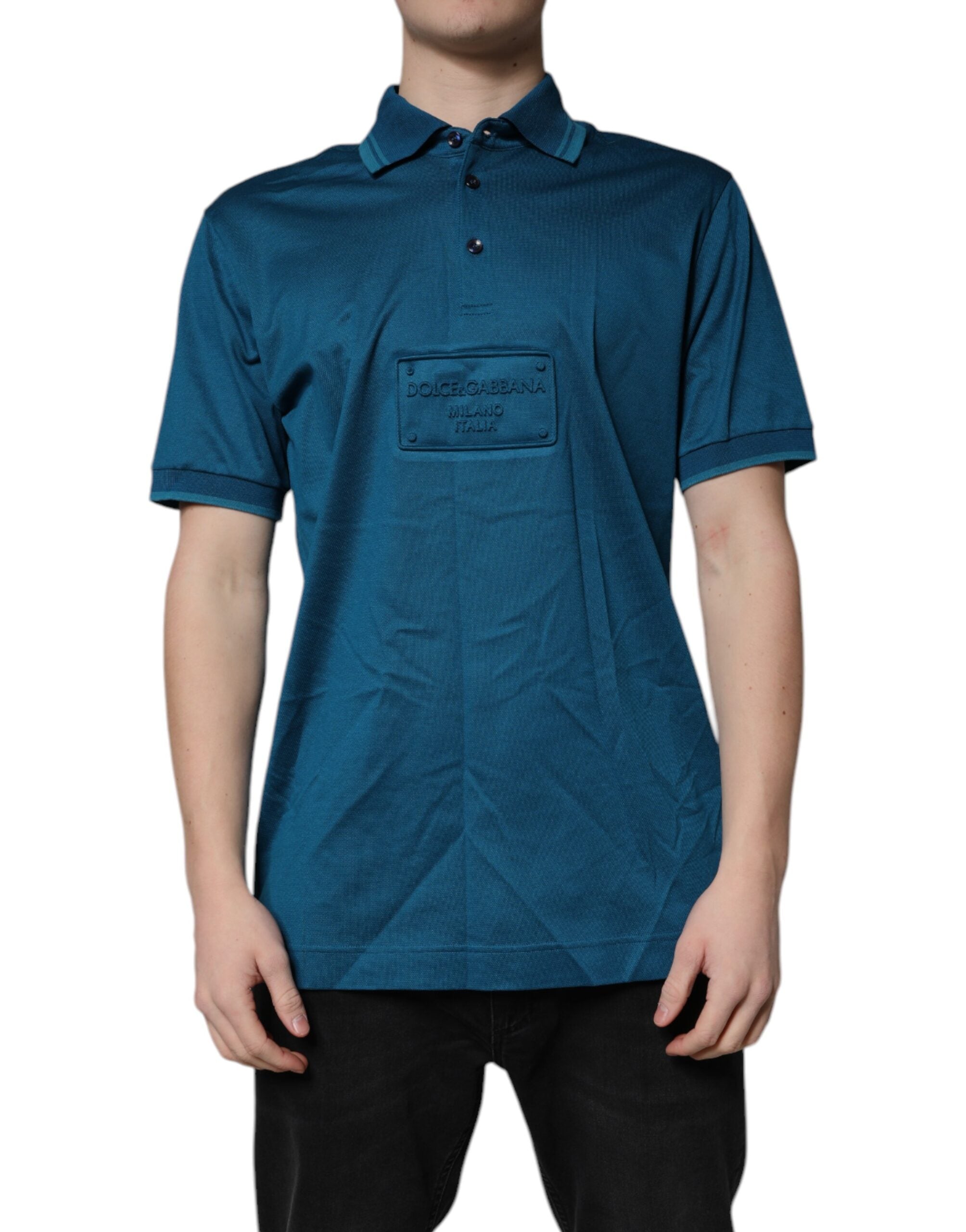 Dolce & Gabbana Blaues Logo-Baumwoll-Poloshirt für Männer T-shirt