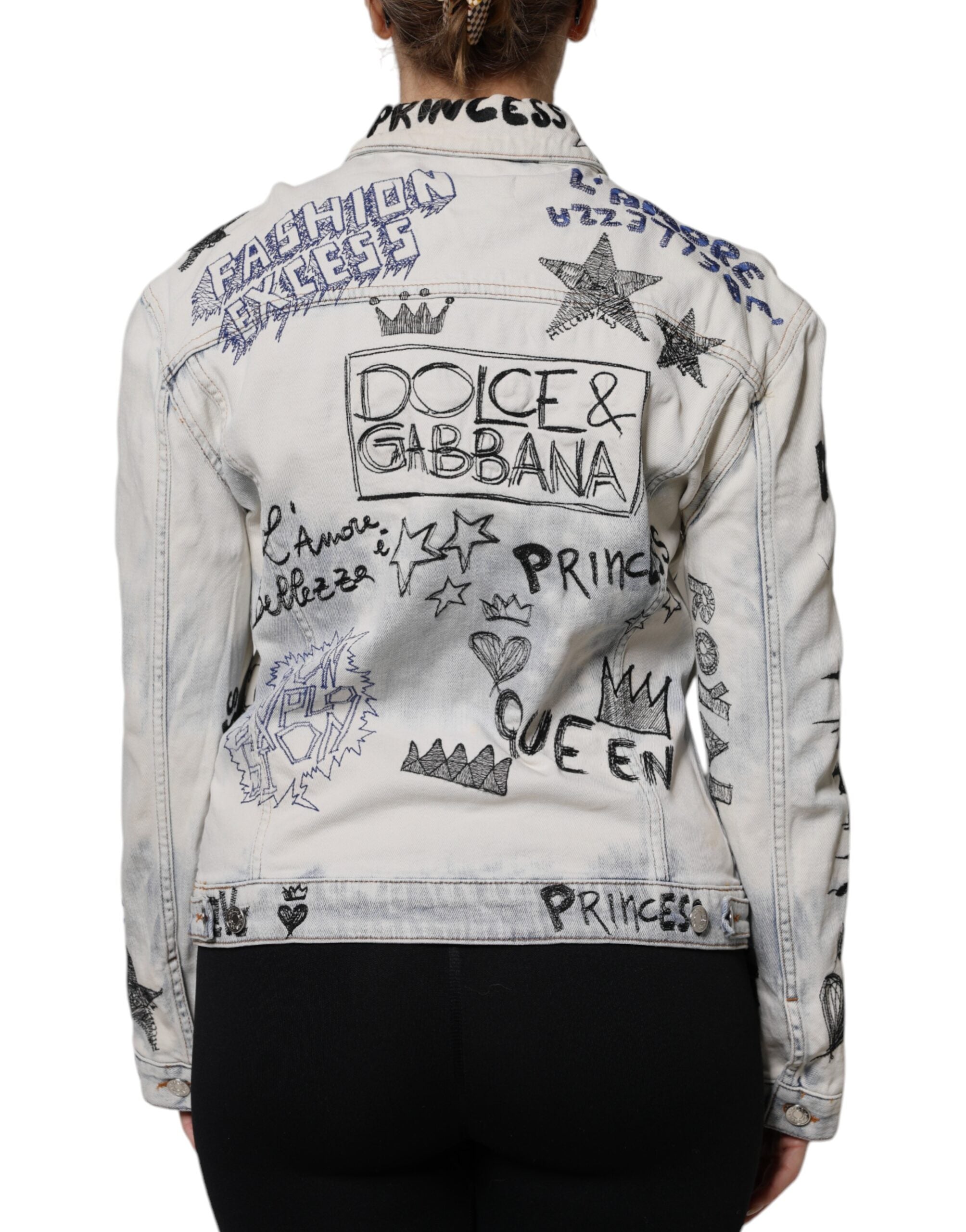 Dolce & Gabbana Hellblaue Graffiti-Denimjacke mit Knopfleiste