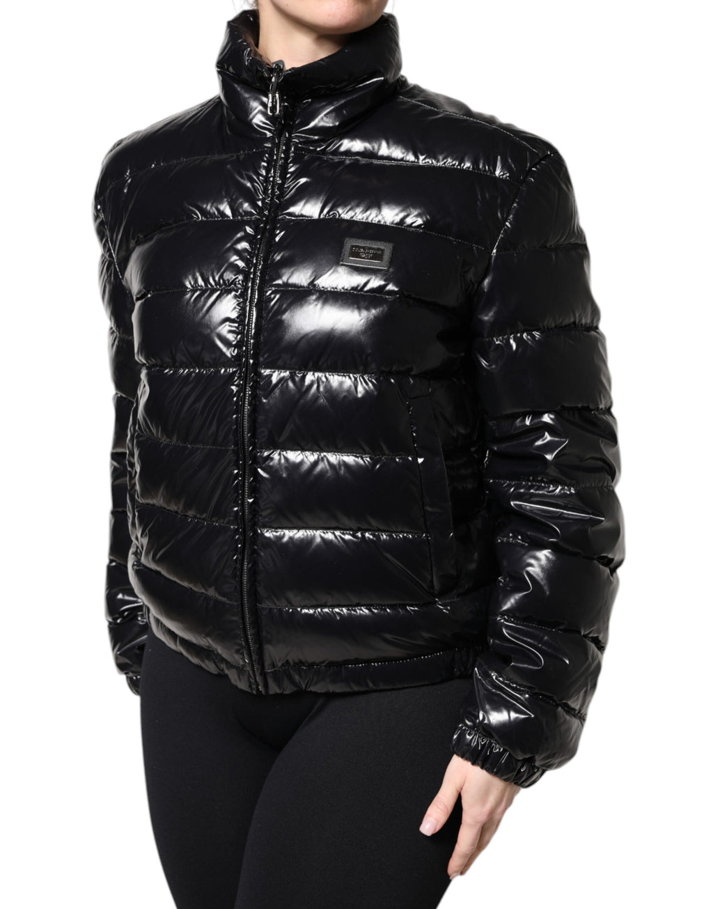 Dolce & Gabbana Schwarze Logo-Plakette Full Zip Pufferjacke