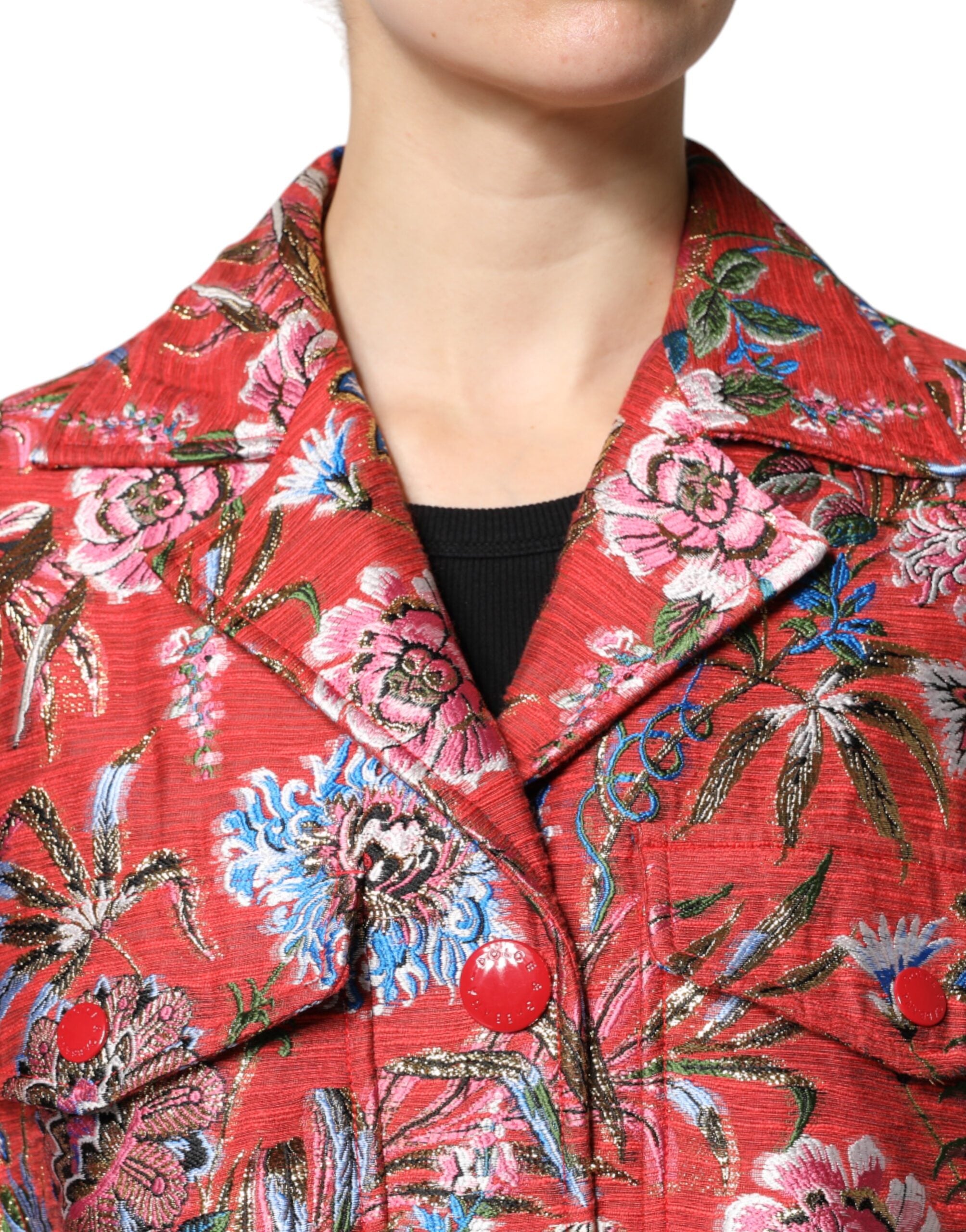Dolce & Gabbana Roter geblümter Jacquard-Mantel mit Knopfleiste Jacke