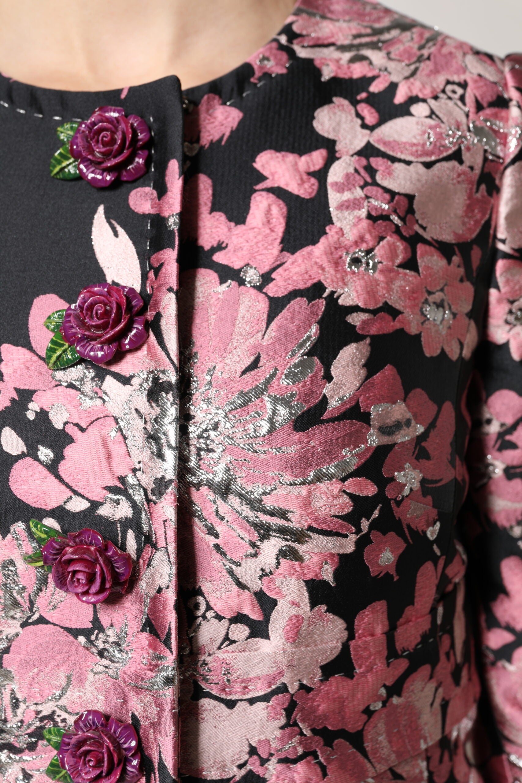 Dolce & Gabbana Rosa Schwarz Floral Brokat Trenchcoat Jacke