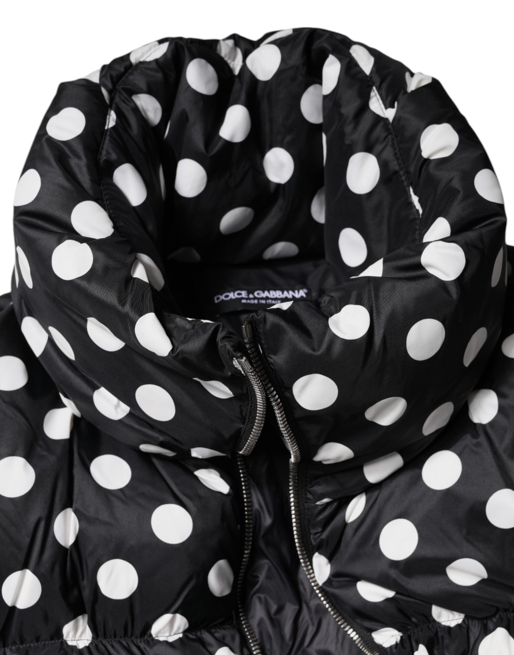 Dolce & Gabbana Schwarz-weiß gepunktete Pufferjacke mit durchgehendem Reißverschluss