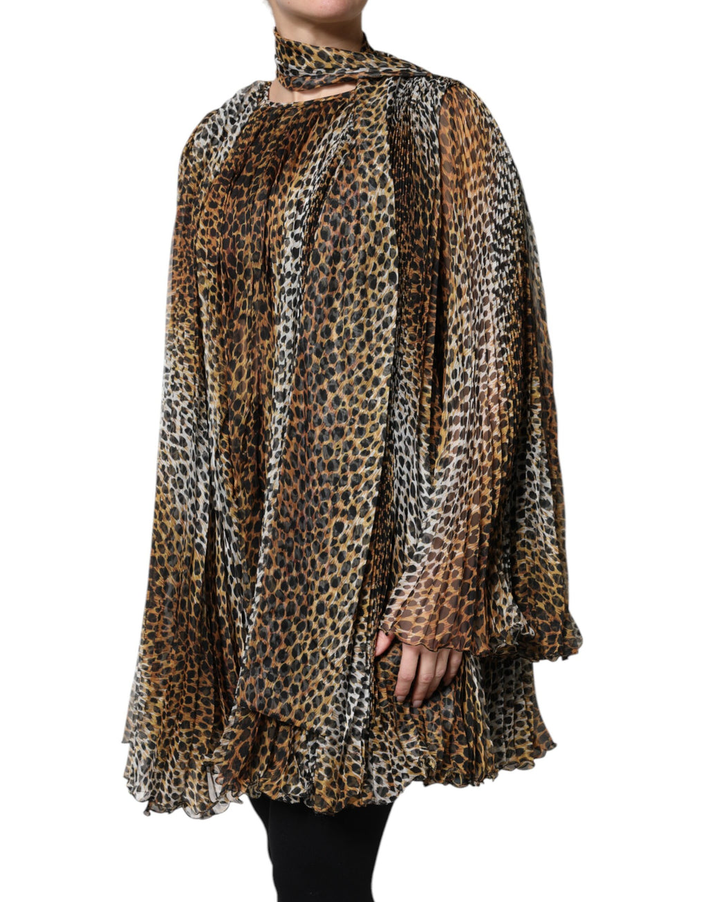 Dolce & Gabbana Braunes Chiffon-Kleid mit Leopardenmuster und Schal