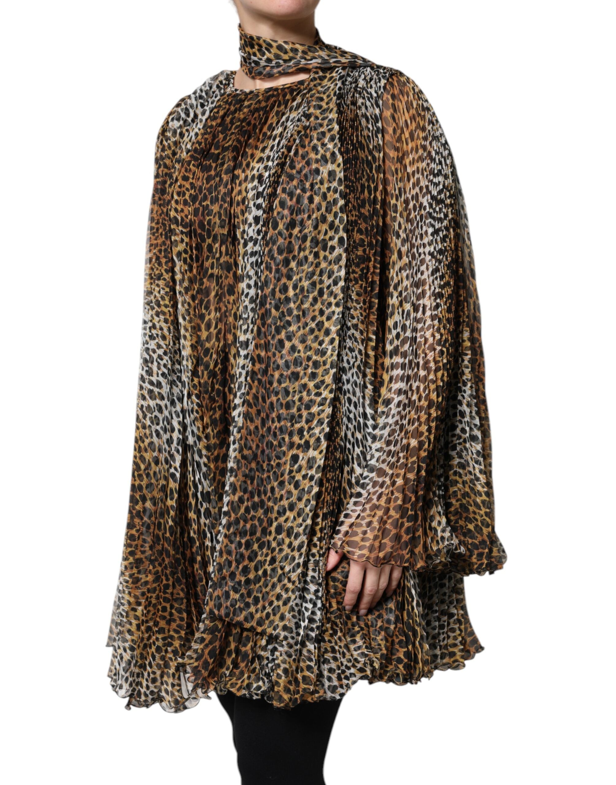 Dolce & Gabbana Braunes Chiffon-Kleid mit Leopardenmuster und Schal